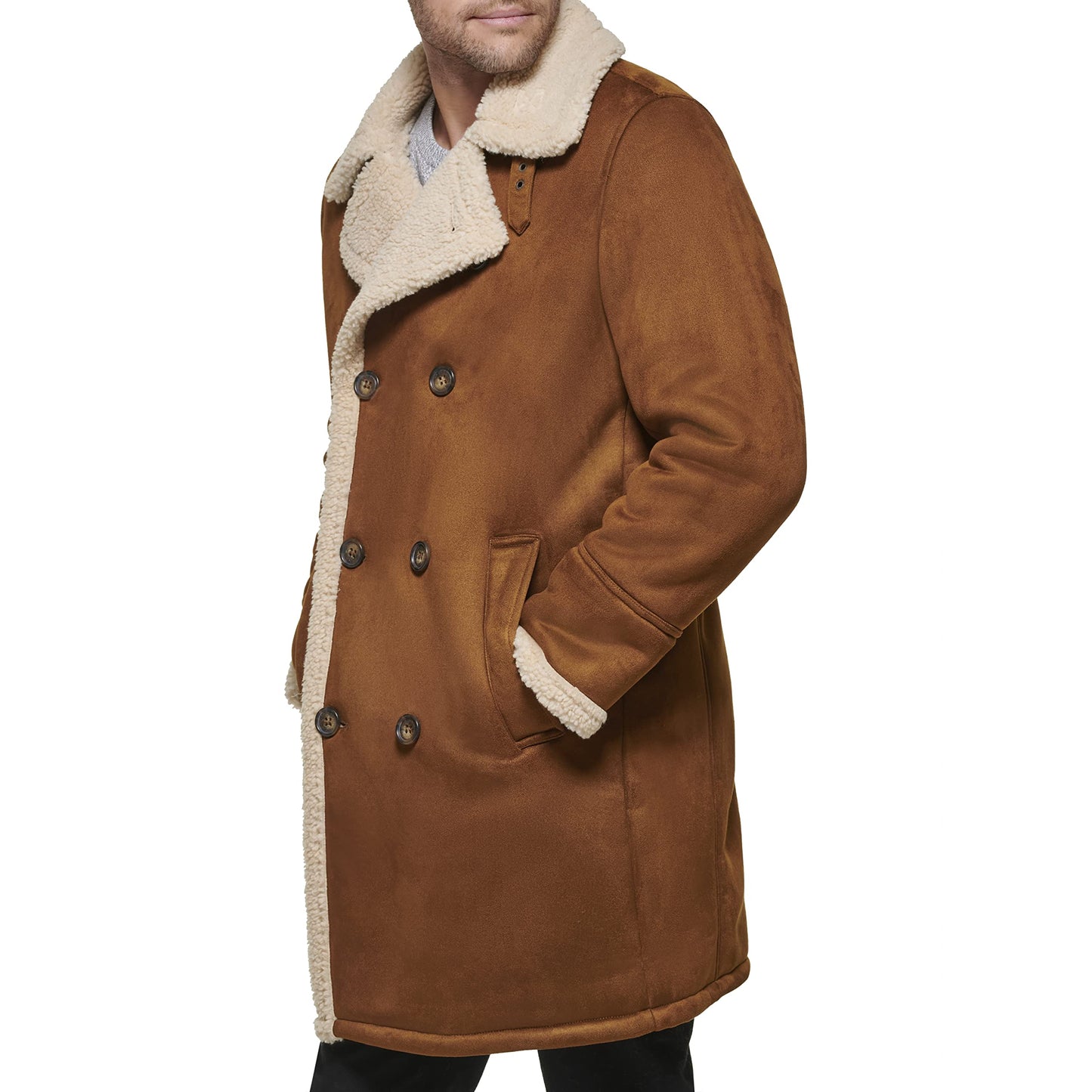 Dockers Men's Faux Shearling Midlength Overcoat, Cognac, X-Large