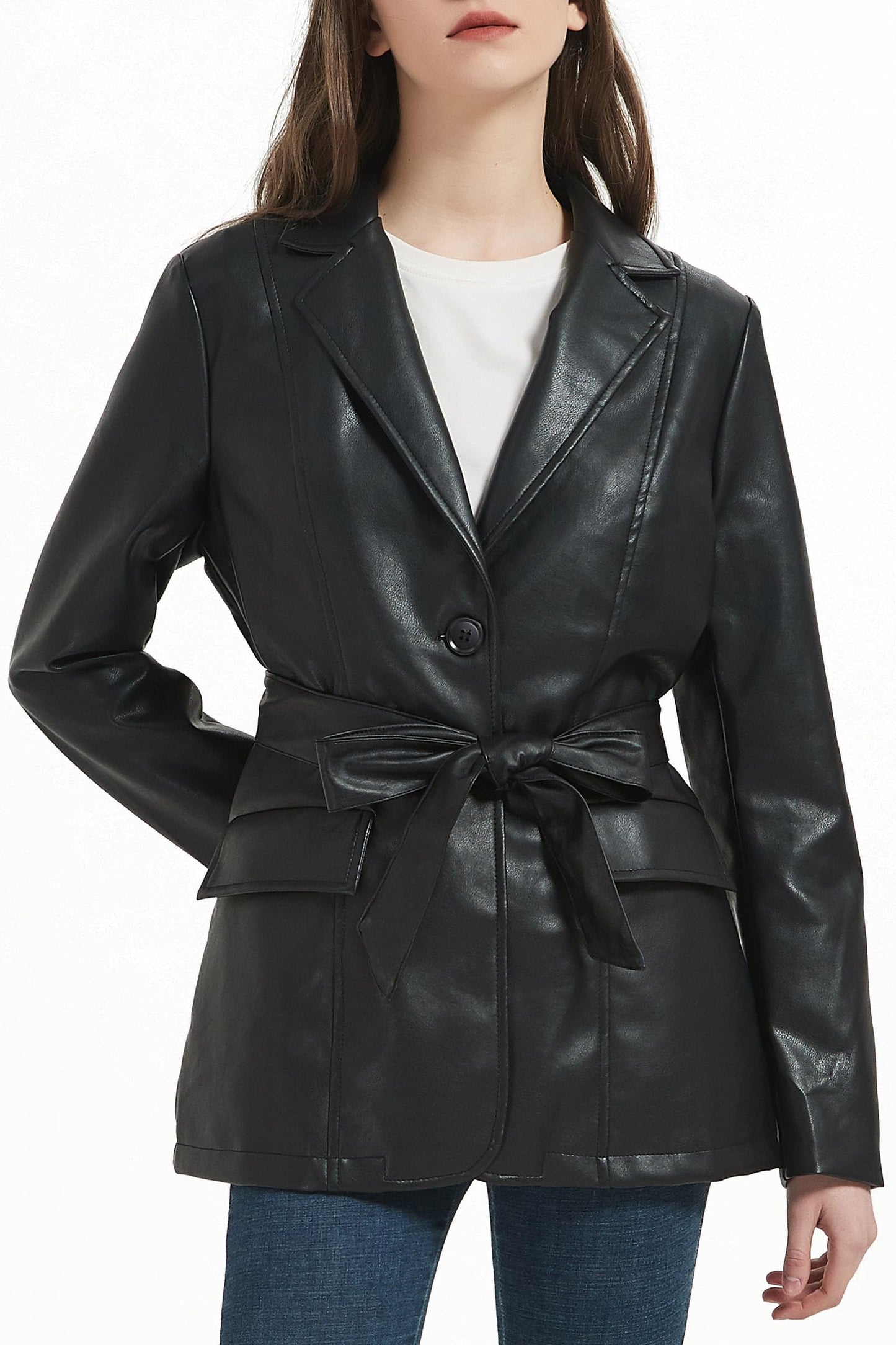 RISISSIDA Women Faux Leather Blazer Jacket Spring Fall Vegan Pleather Soft Casual Lapel Button Down Coat with Belt,Black,XL