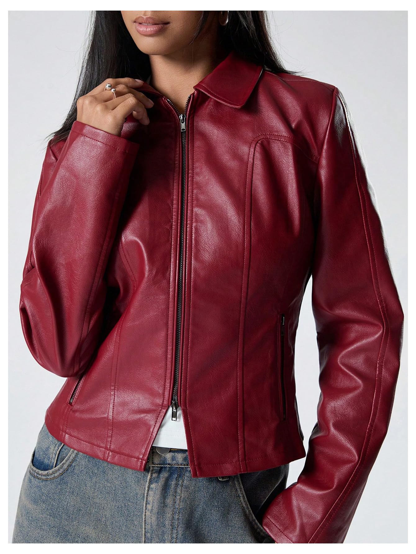 MakeMeChic Women's Cropped Faux Leather Jacket Long Sleeve Zip Up Vintage Biker Motorcycle Concert Coats Burgundy Large