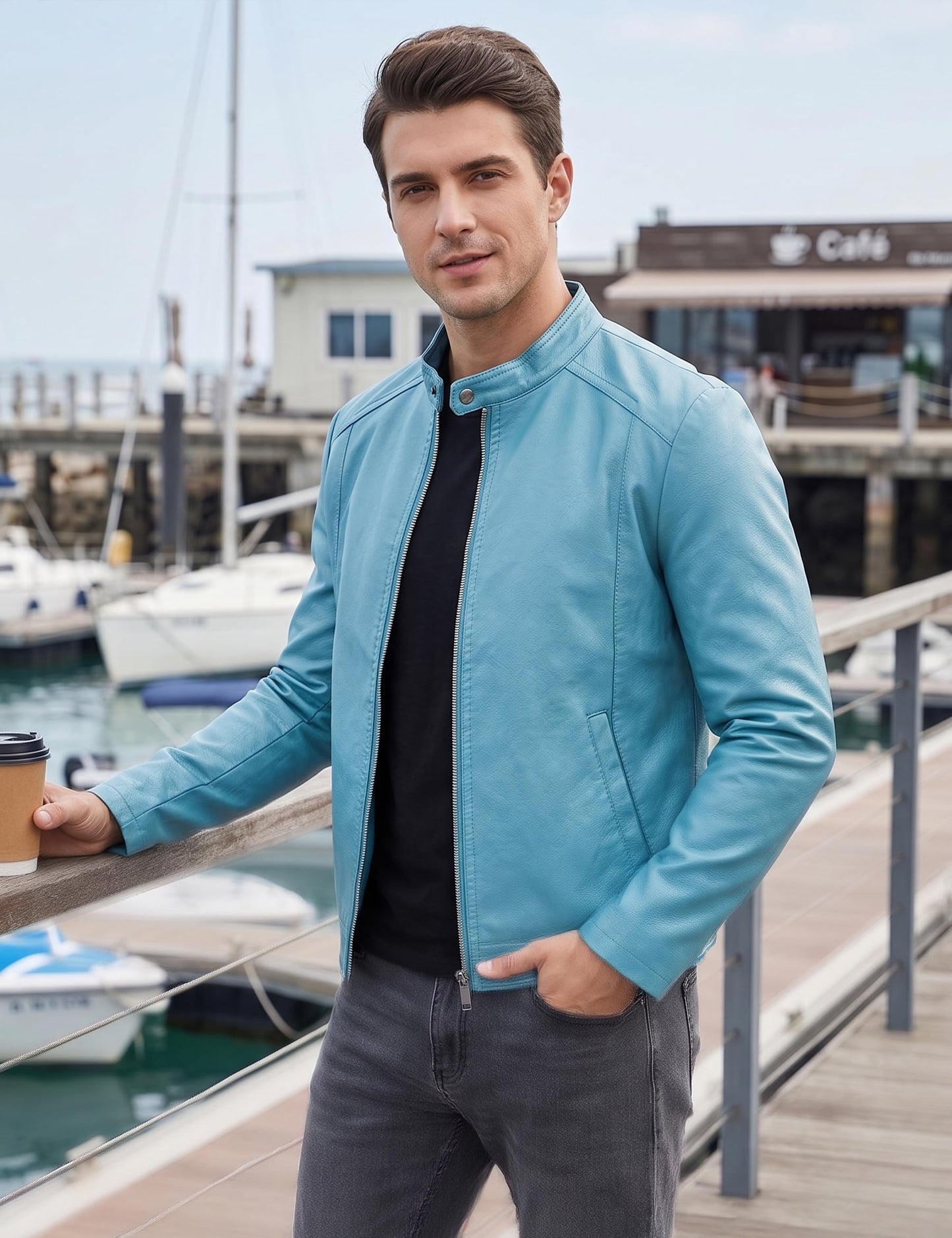 Blue Leather Jacket Men Faux Leather Motorcycle Stand Collar Biker Coat L