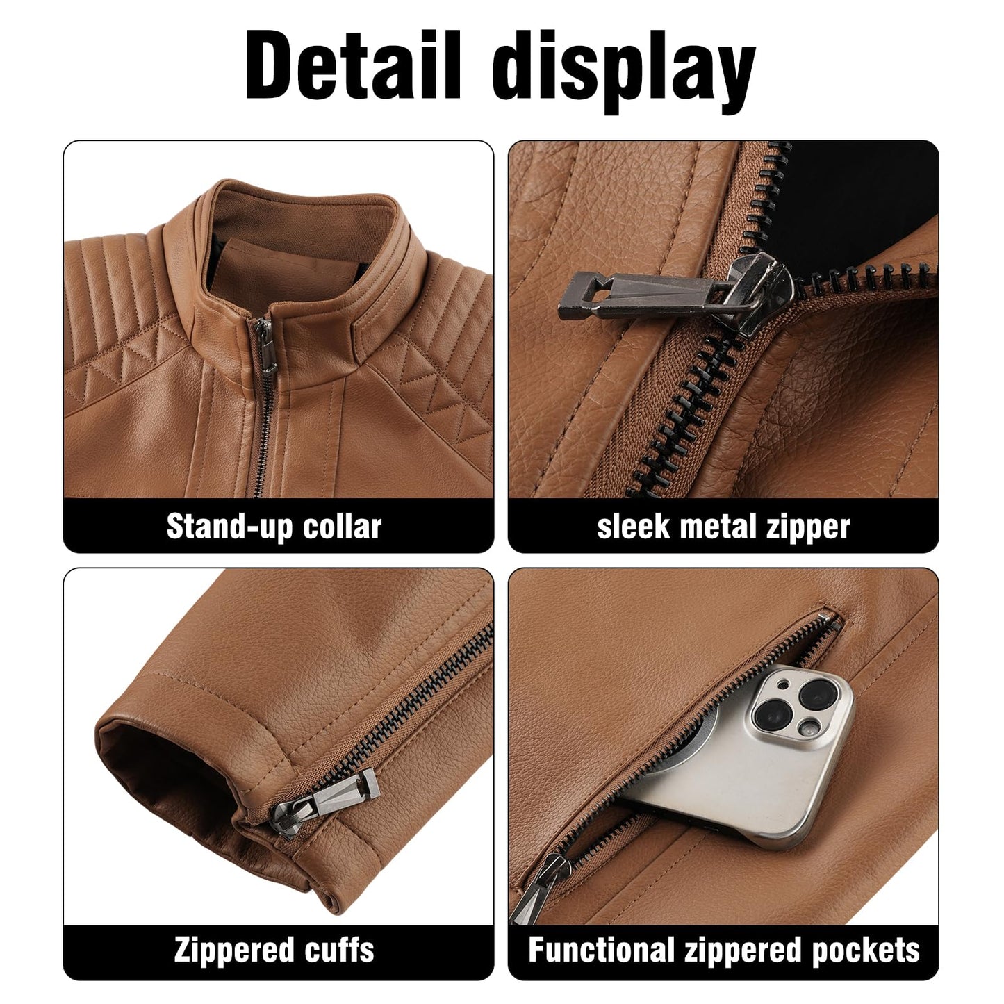 LEDUNTINO Men's Leather Jacket, Stand Collar PU Faux Leather, Zip-Up Motorcycle Bomber Jacket, Slim Fit Biker Coat Brown Large
