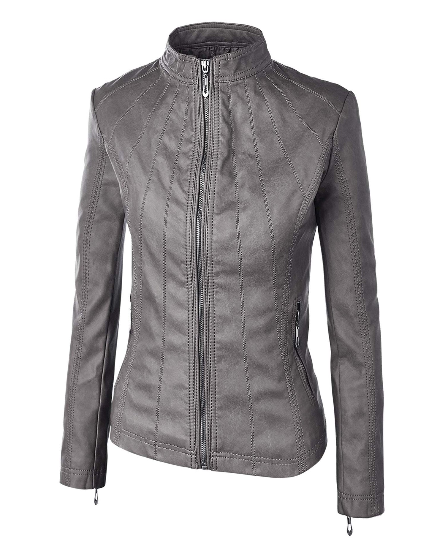 Made By Johnny MBJ WJC877 Womens Panelled Faux Leather Moto Jacket L Grey