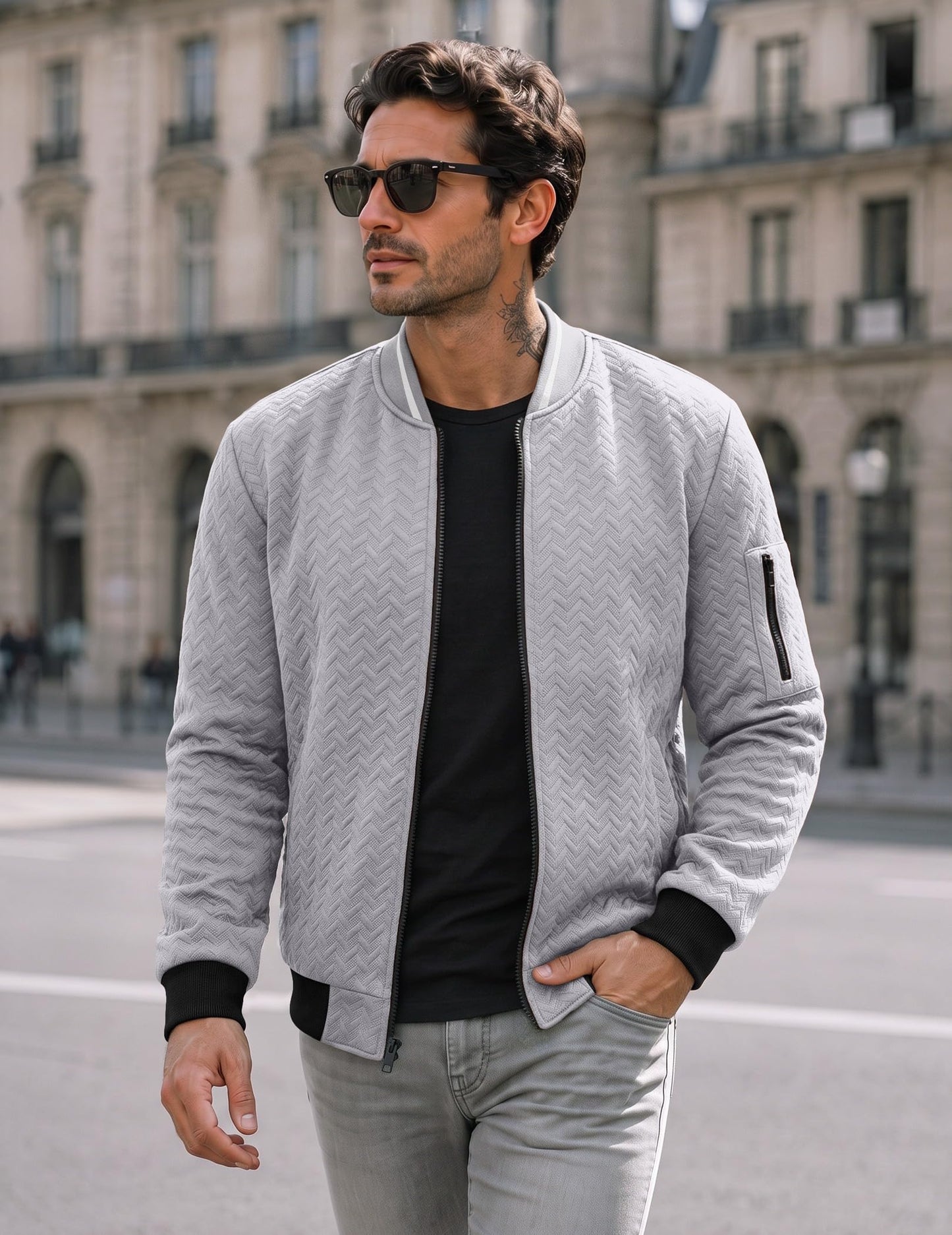 JMIERR Men's Textured Full Zip Bomber Jacket Multi Pockets,Grey,S