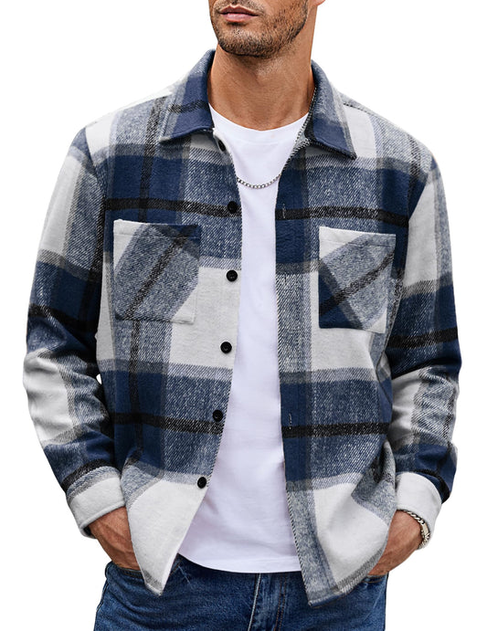 COOFANDY Mens Coat Shirt Long Sleeve Flannel Jacket Classic Plaid Shirt Lightweight Hunting Shirt Navy Blue