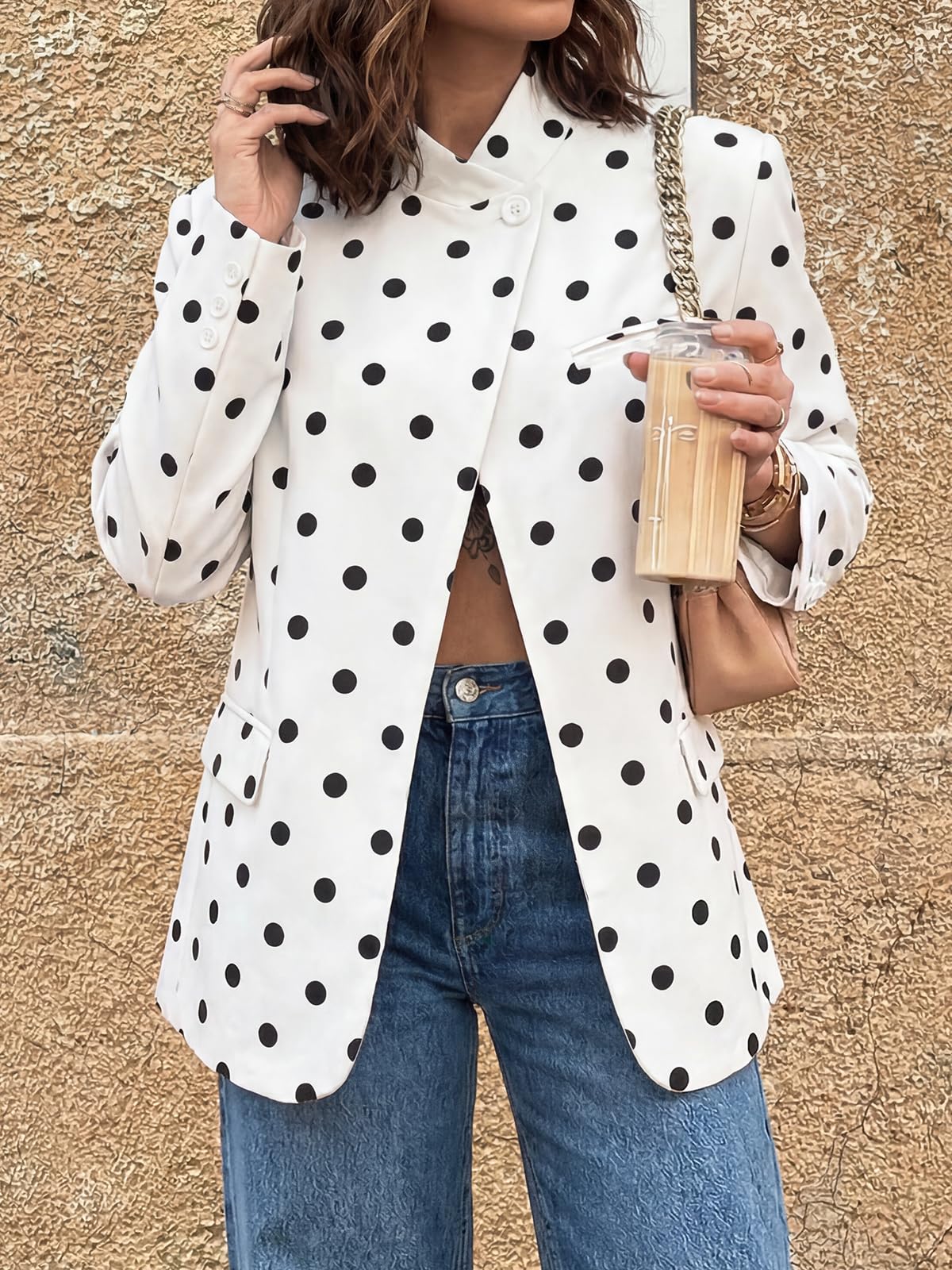 Cicy Bell Women Polka Dot Blazer Business Stand Collar Open Front Jacket