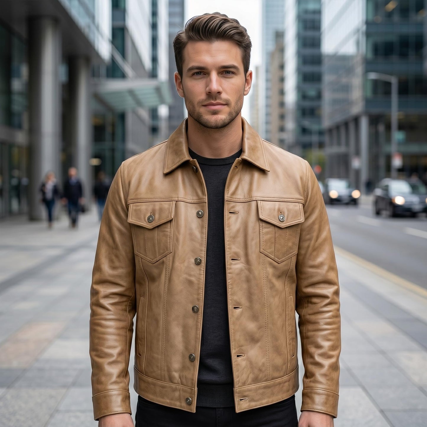 UrbanFocal Brown Leather Jacket Men - Real Lambskin Trucker Style Vintage Leather Jackets | [101002105] F.Trucker Camel, XL
