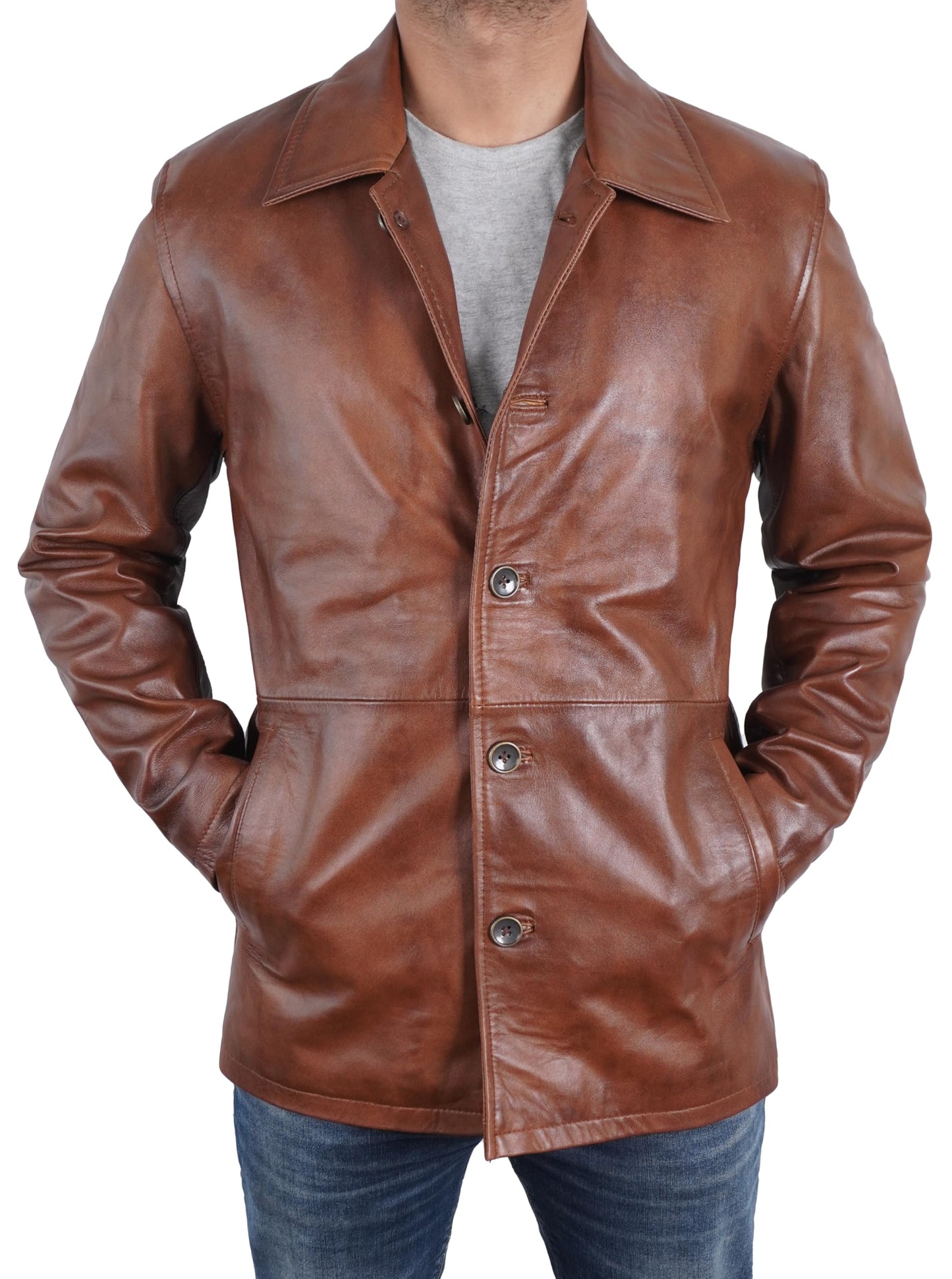 STOREJEES Brown Leather Jacket Men | Car Coat Brown, 5XL