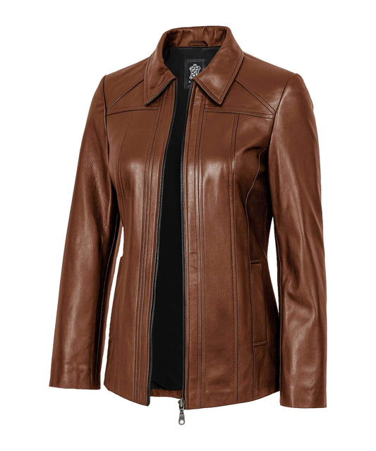 TRENDS GENESIS Brown Leather Jacket Women Genuine Lambskin Long Leather Car Coat Office Outerwear L