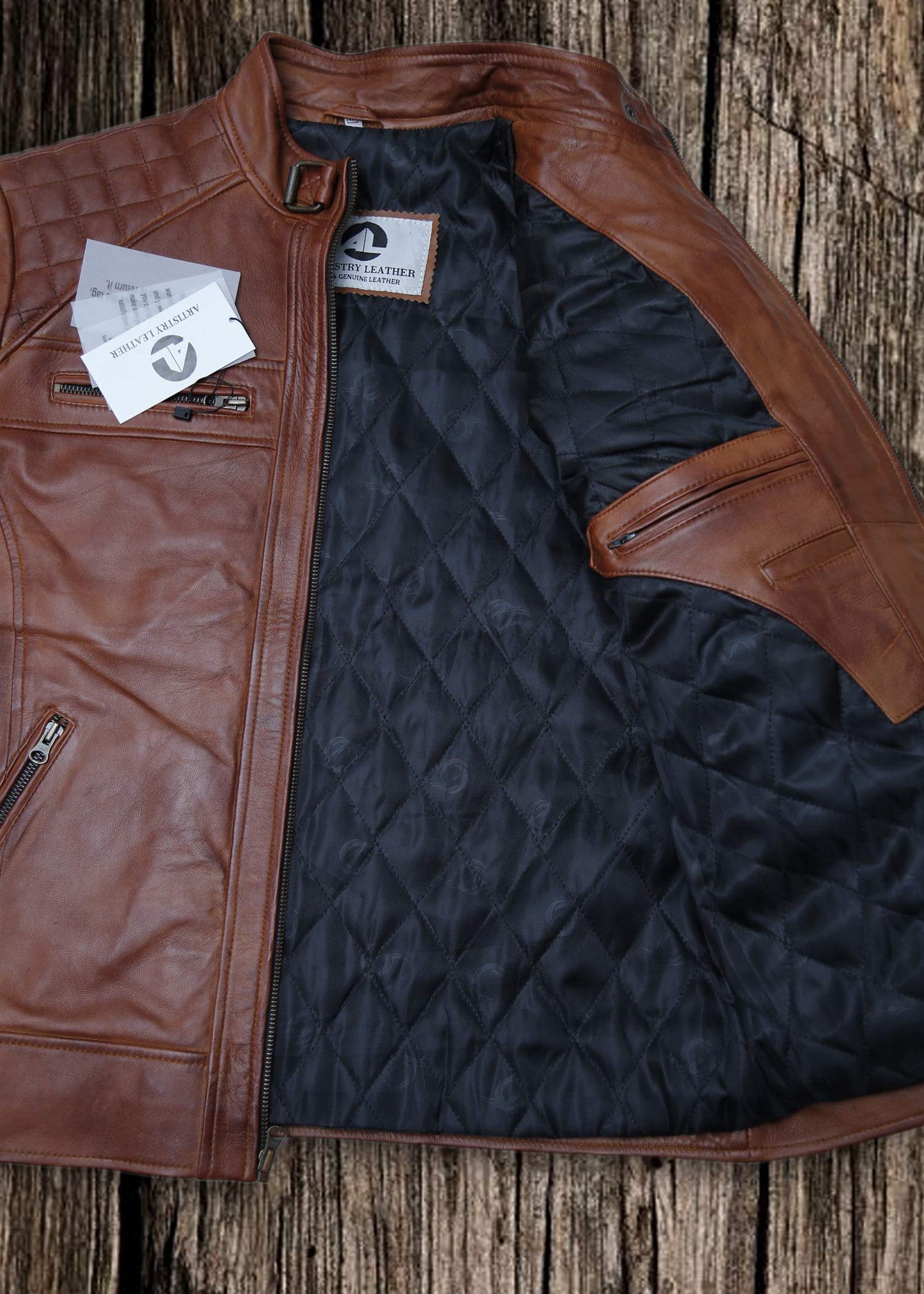 Mens Genuine Leather Biker Jacket Black | Vintage Brown Distressed Lambskin Motorcycle Jackets for Men (Wax Brown, Large)