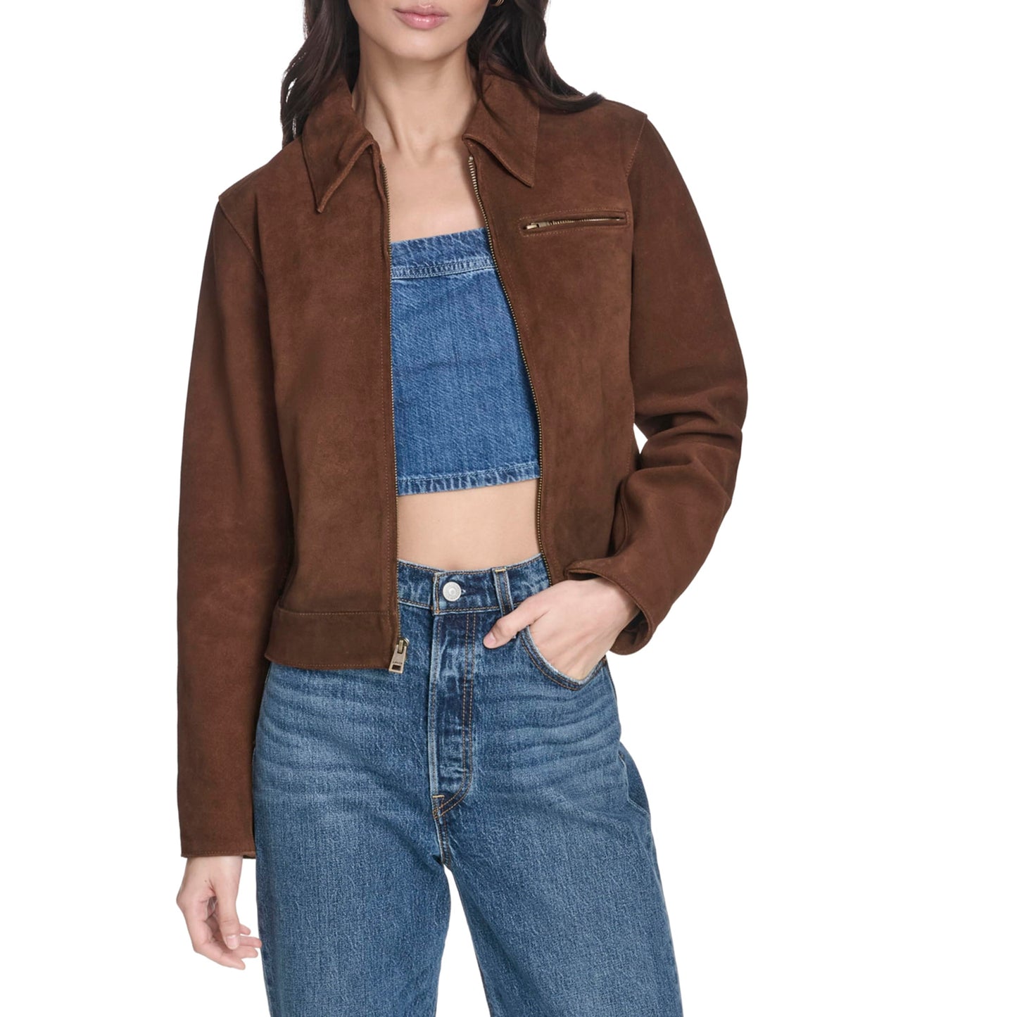 Levi's Women's Laydown Collar Jacket with Chest Zip, Maple Real Suede, Medium