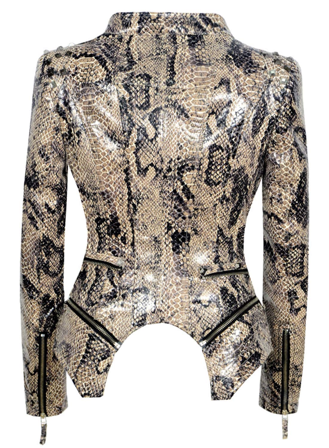 chouyatou Women's Fashion Snake Pattern Print Studded Moto Pu Leather Biker Jacket (Small, Snake-Skin)