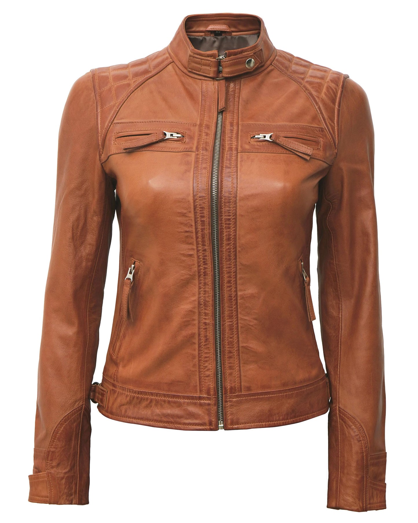 Blingsoul Disc Cafe Racer Leather Jacket For Women | [1313732] Diamond1 Tan, S