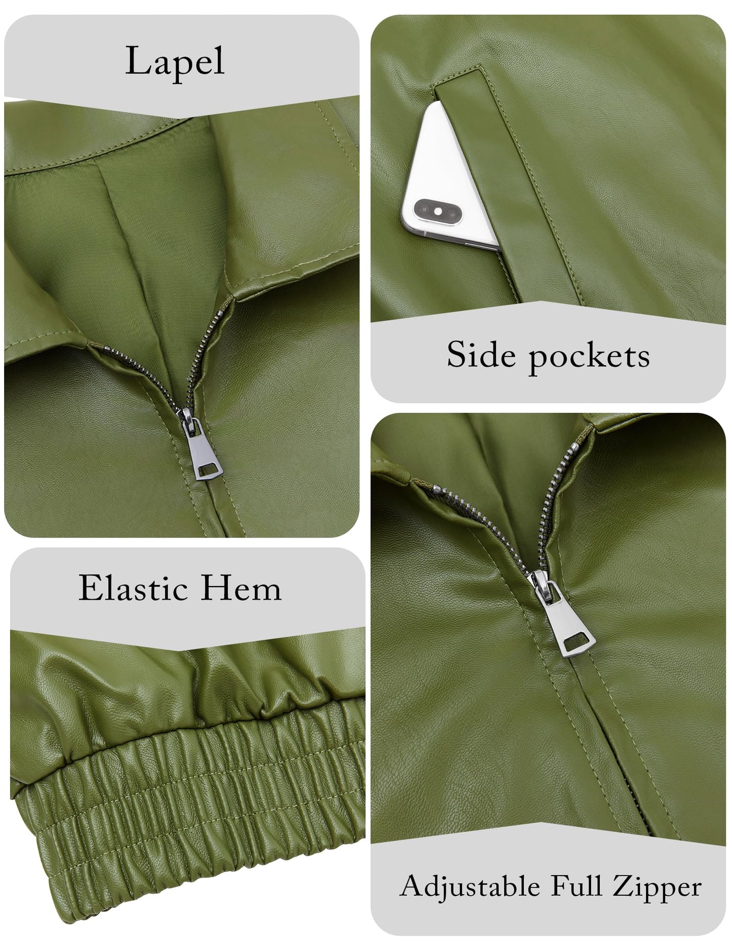 Miladusa Womens Leather Jackets Faux Fashion Zip Up Long Sleeve Solid Color Motorcycle Jacket with Pockets Military Green M