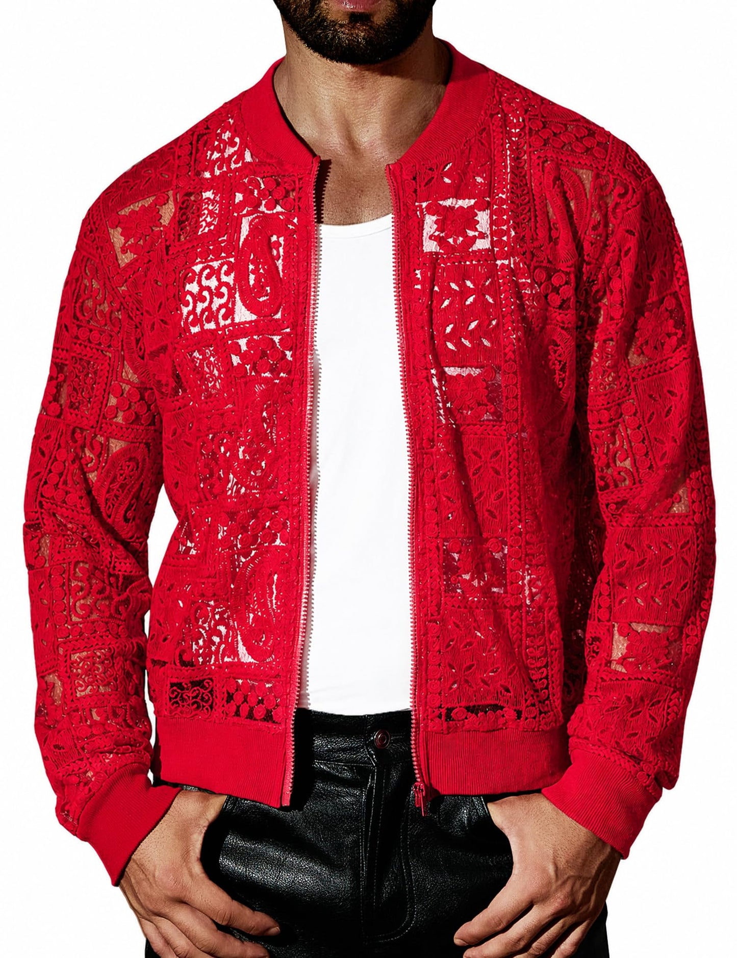 Csqopt Men's Floral Lace Zip Up Jacket Long Sleeve Crochet Sheer Coat Mesh Casual Outerwear Red M