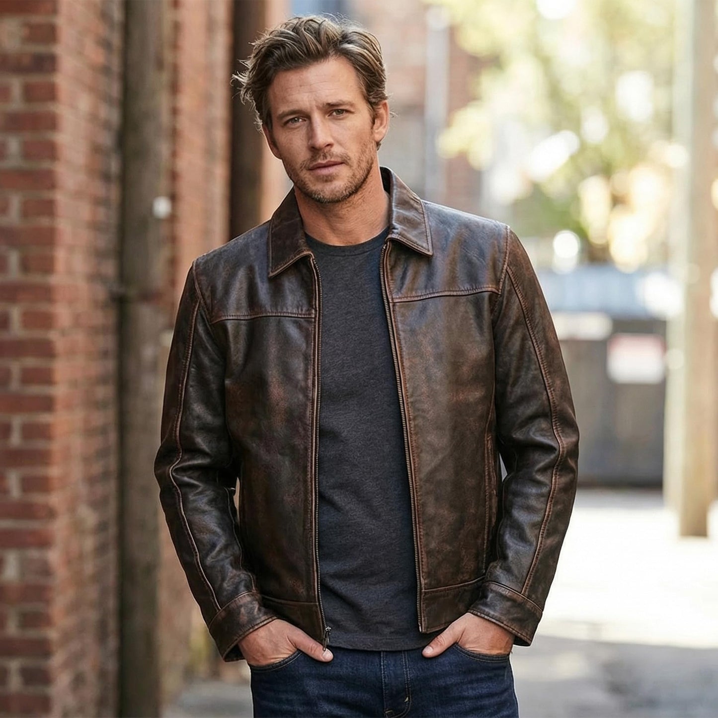 Mens Leather Jacket - Real Lambskin Classic Vintage Style Leather Jackets For Men Brown Leather Jacket for Mens (US, Alpha, X-Large, Regular, Regular, Noir Distressed Brown)