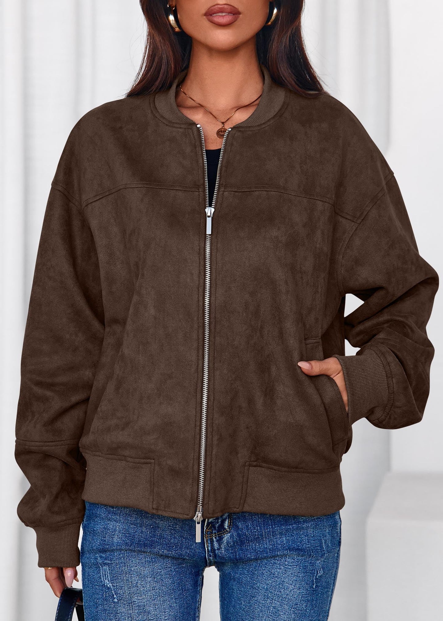 Lazysmile Women's Faux Suede Bomber Jackets Fall Fashion Outfits Winter Clothes Stand Collar Zip Up Coats Outwear with Pockets