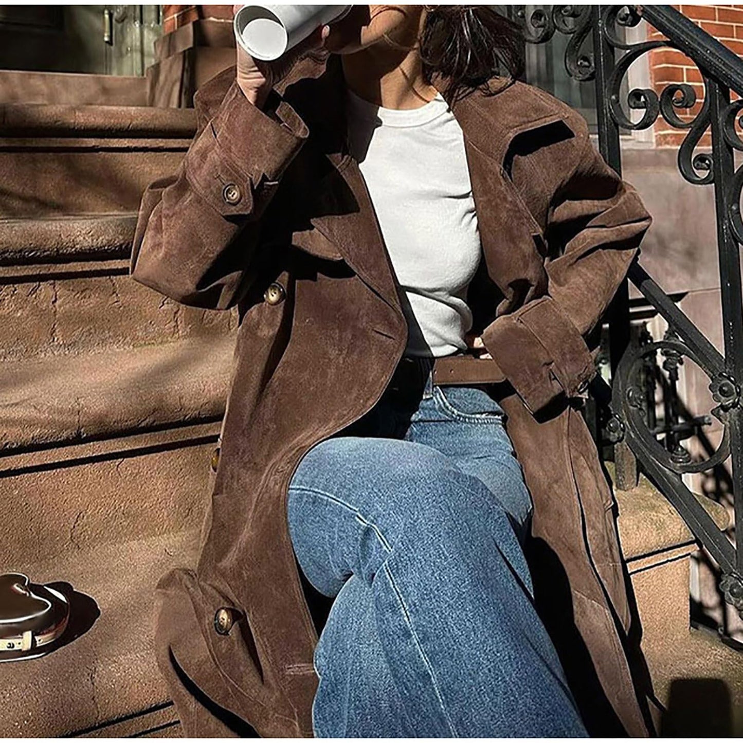 utcoco Womens Faux Suede Long Trench Coat Notched Lapel Double Breasted Pea Coat Overcoat with Belt (Small, Brown)