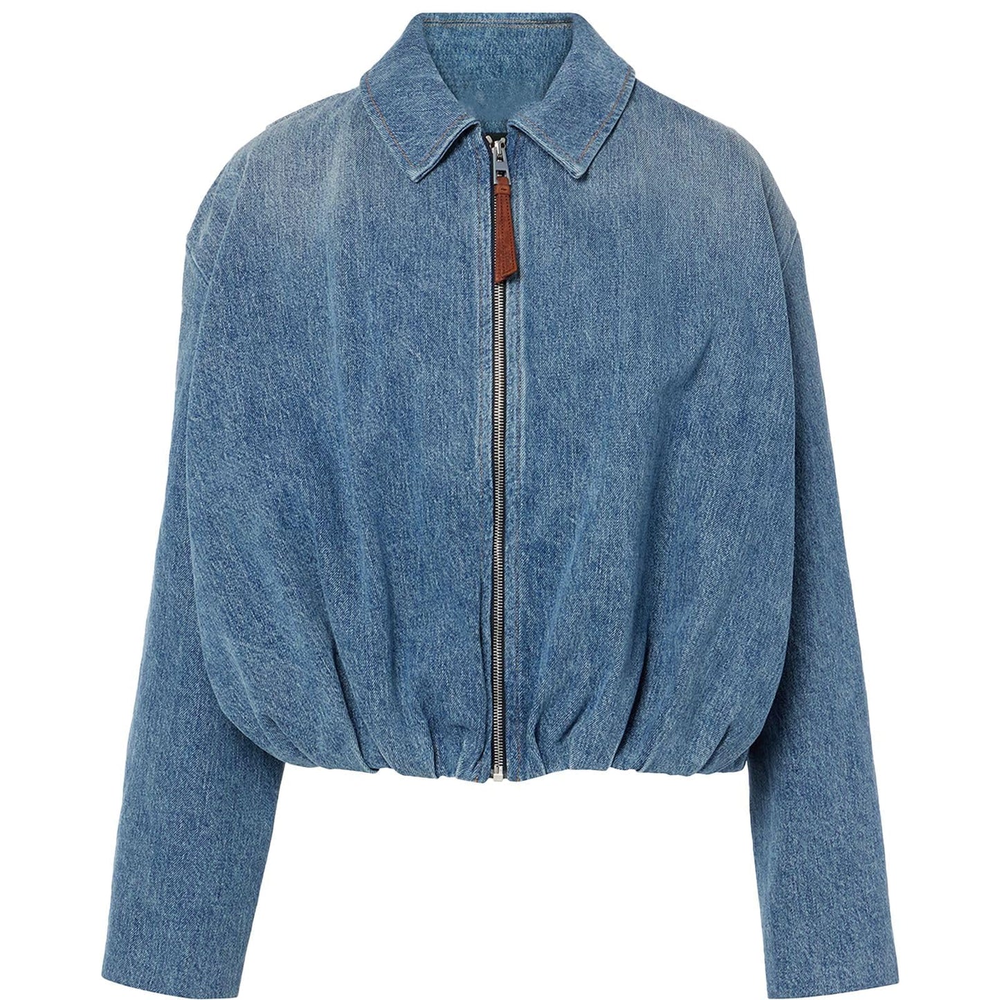 HUEOBIR Women's Denim Bomber Jacket Zip Up Draped Loose Fit Collared Casual Lightweight Trendy Jean Jackets(Indigo Blue, L)