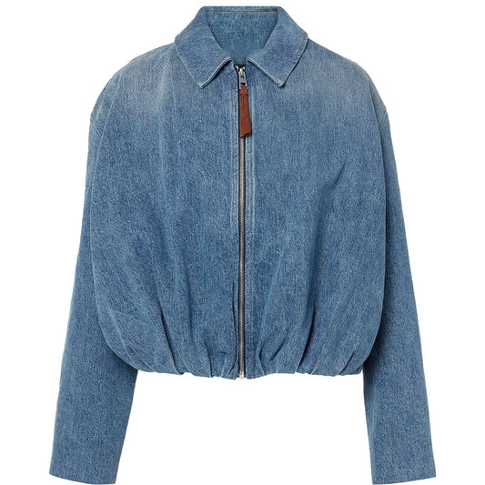 HUEOBIR Women's Denim Bomber Jacket Zip Up Draped Loose Fit Collared Casual Lightweight Trendy Jean Jackets(Indigo Blue, L)