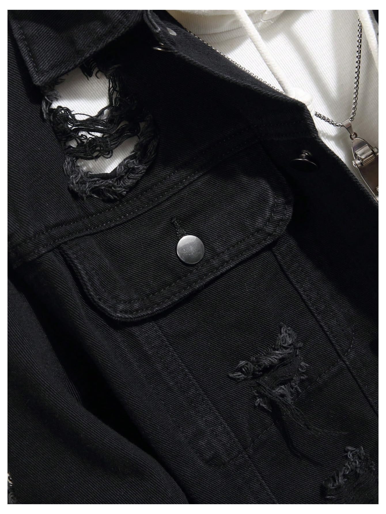 SOLY HUX Men's Ripped Denim Jacket Button Front Collared Long Sleeve Grunge Jean Jackets Streetwear Pure Black X-Large