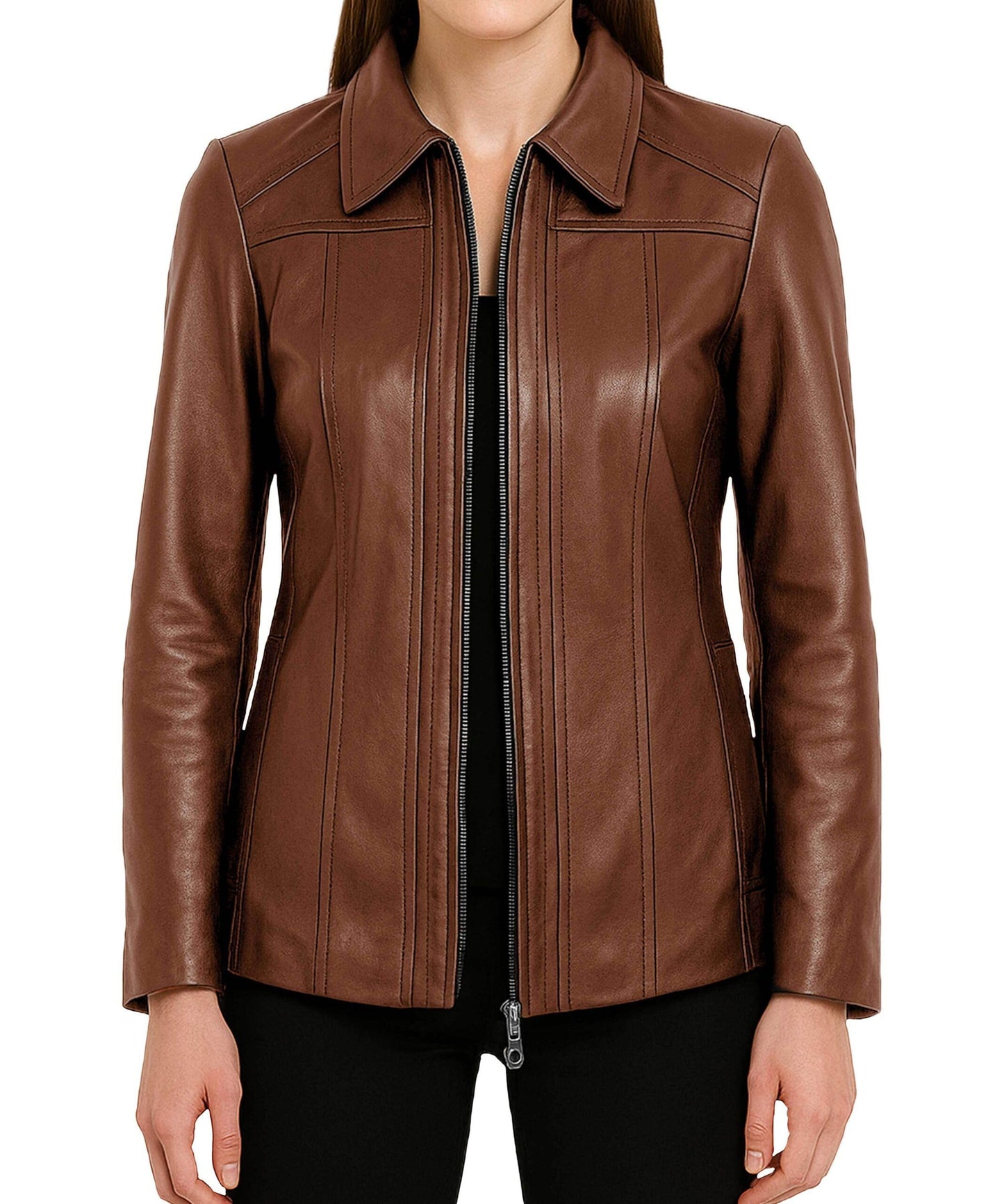 TRENDS GENESIS Brown Leather Jacket Women Genuine Lambskin Long Leather Car Coat Office Outerwear L