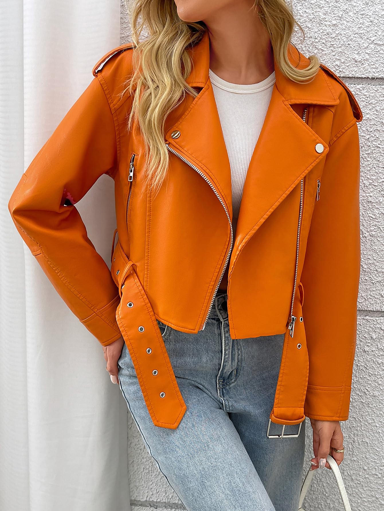 LY VAREY LIN Women Faux Leather Cropped Jacket Vegan Motor Biker Coat with Belt