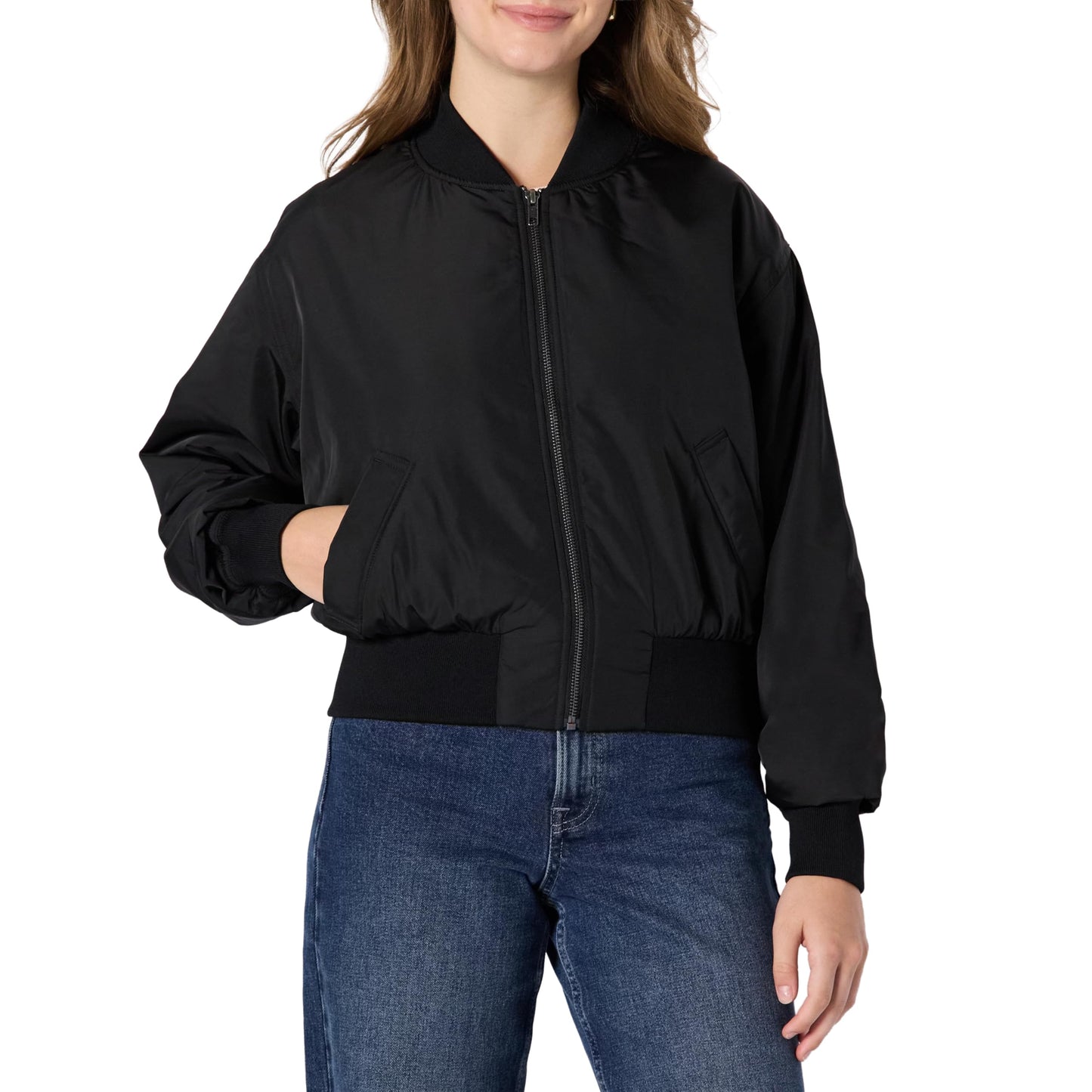 Amazon Essentials Women's Relaxed-Fit Denim Bomber Jacket, Black, Large