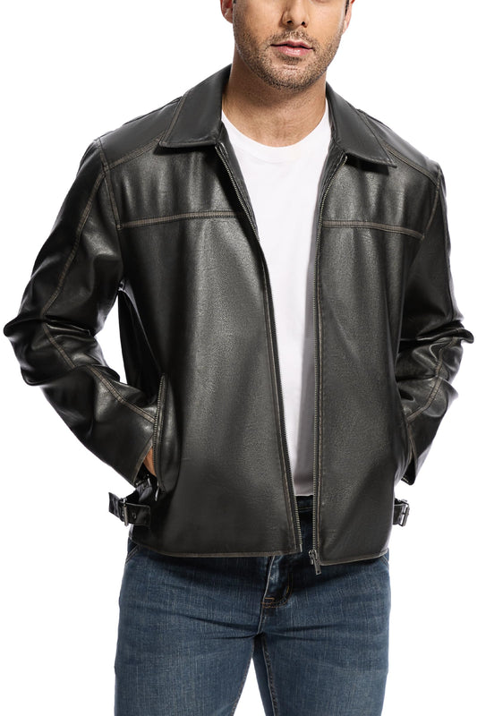Fahsyee Leather Jacket Men Faux Lightweight Bomber Jackets Mens Motorcycle Vintage Lapel Coats with Zipper and Pockets Size XL, Black