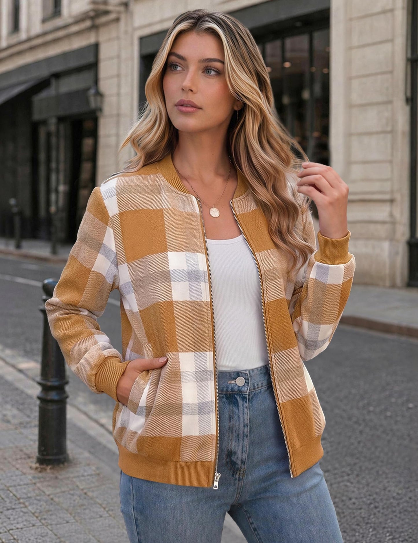 Zeagoo Jackets for Women Plaid Flannel Bomber Jacket Fall Lightweight Coats