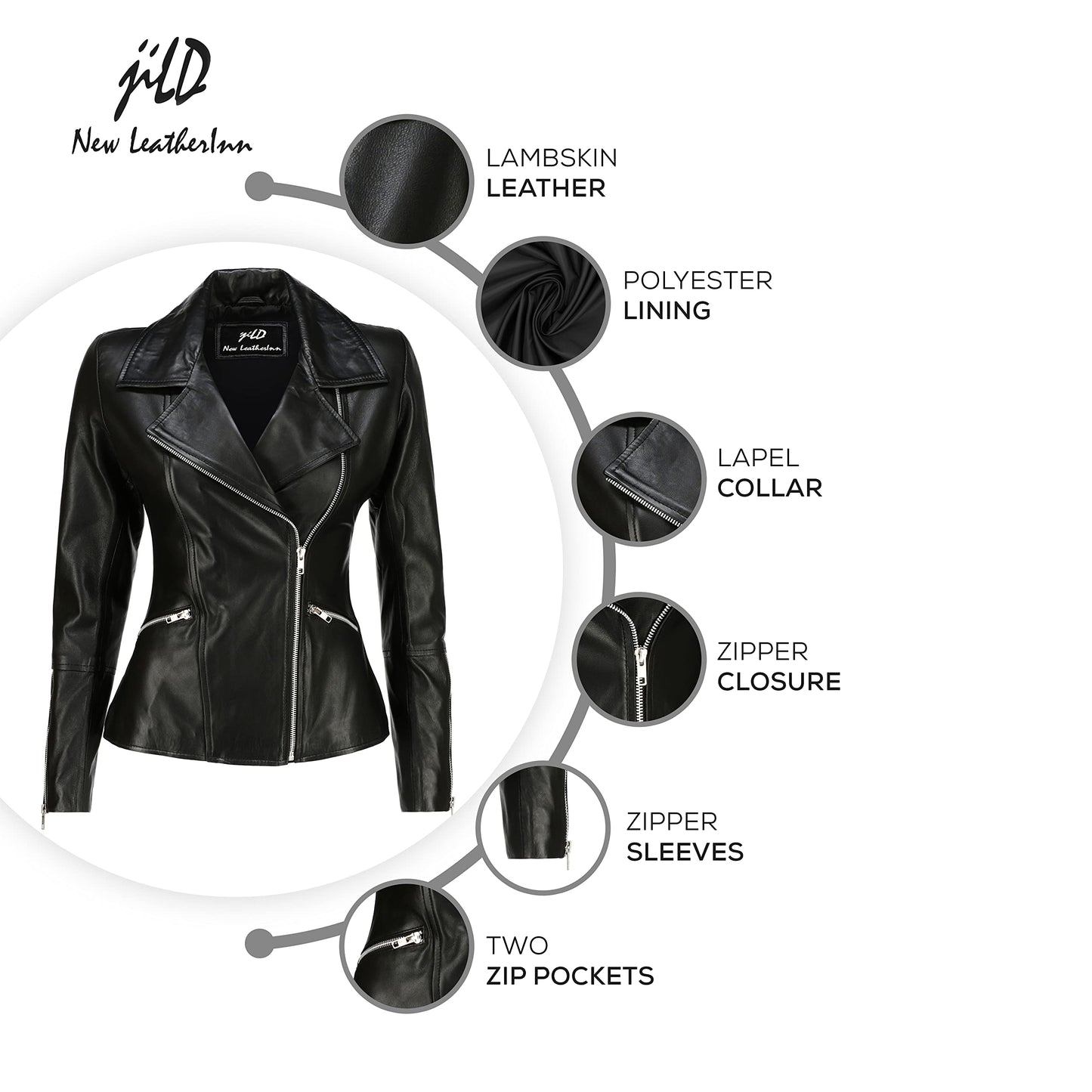 Jild Women's Asymmetrical Zip-Up Real Lambskin Leather Motorcycle Jacket - Casual Fashion Moto Biker Leather Jacket Women (BW-Blk-XL)