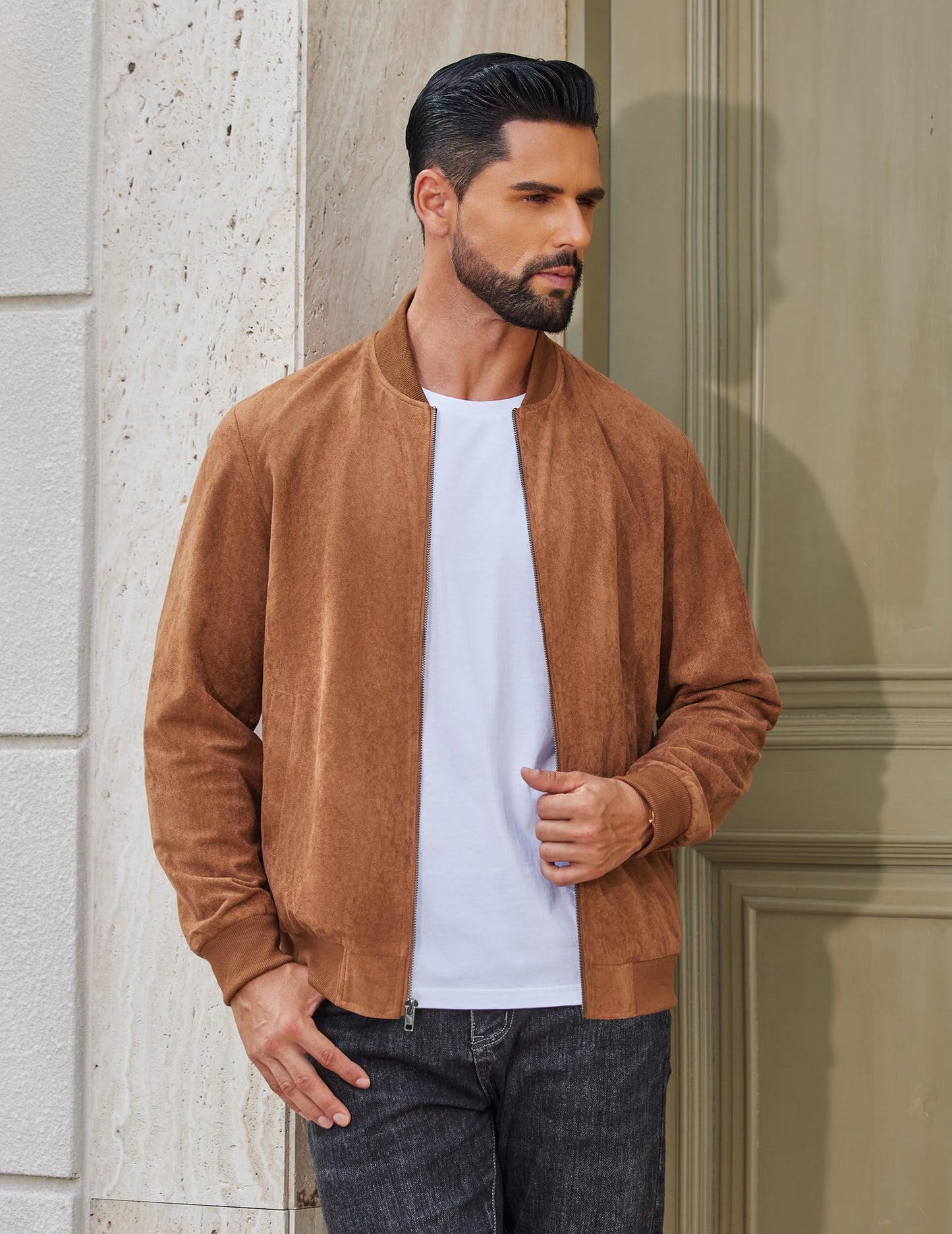 COOFANDY Suede Bomber Jacket Mens Lightweight Jackets Casual Varisty Jacket Zip Up Coat Brown, Large