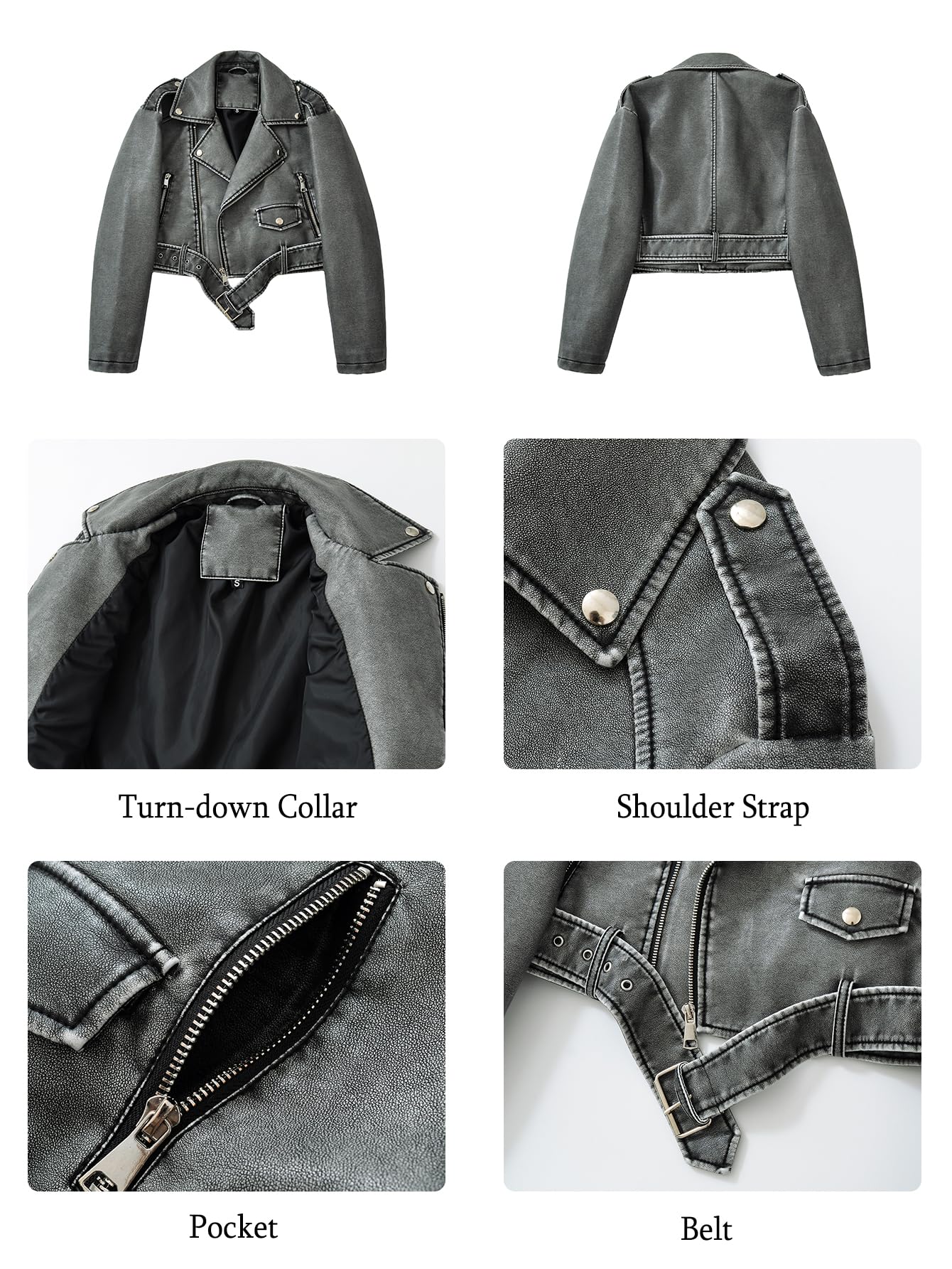 LY VAREY LIN Women Faux Leather Cropped Jacket Bomber Aviator Motor Biker Coat with Belt