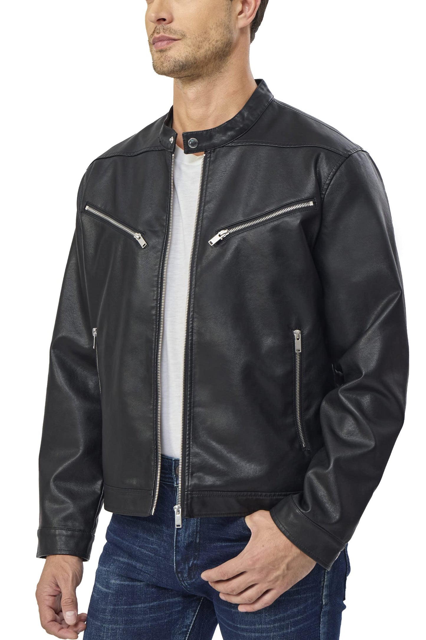 Fahsyee Faux Leather Jacket Men - Black Bomber Jackets Motorcycle Stand Collar Lightweight Zip-Up Slim Fit Biker Coat S