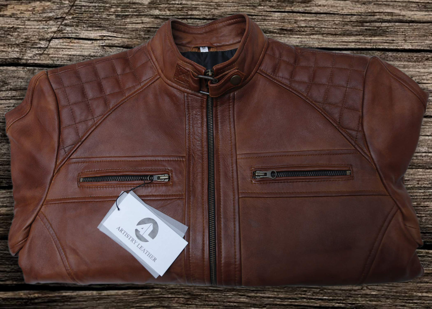 Mens Genuine Leather Biker Jacket Black | Vintage Brown Distressed Lambskin Motorcycle Jackets for Men (Wax Brown, Large)