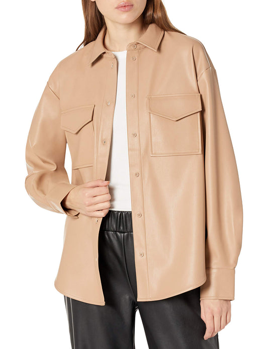 The Drop Women's @lisadnyc Faux Leather Long Shirt Jacket, Camel, S