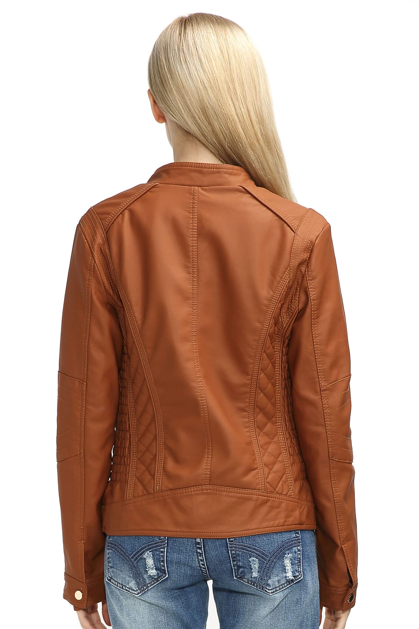 Bellivera Faux Leather Women Motorcycle Stand Collar Jacket Brown L