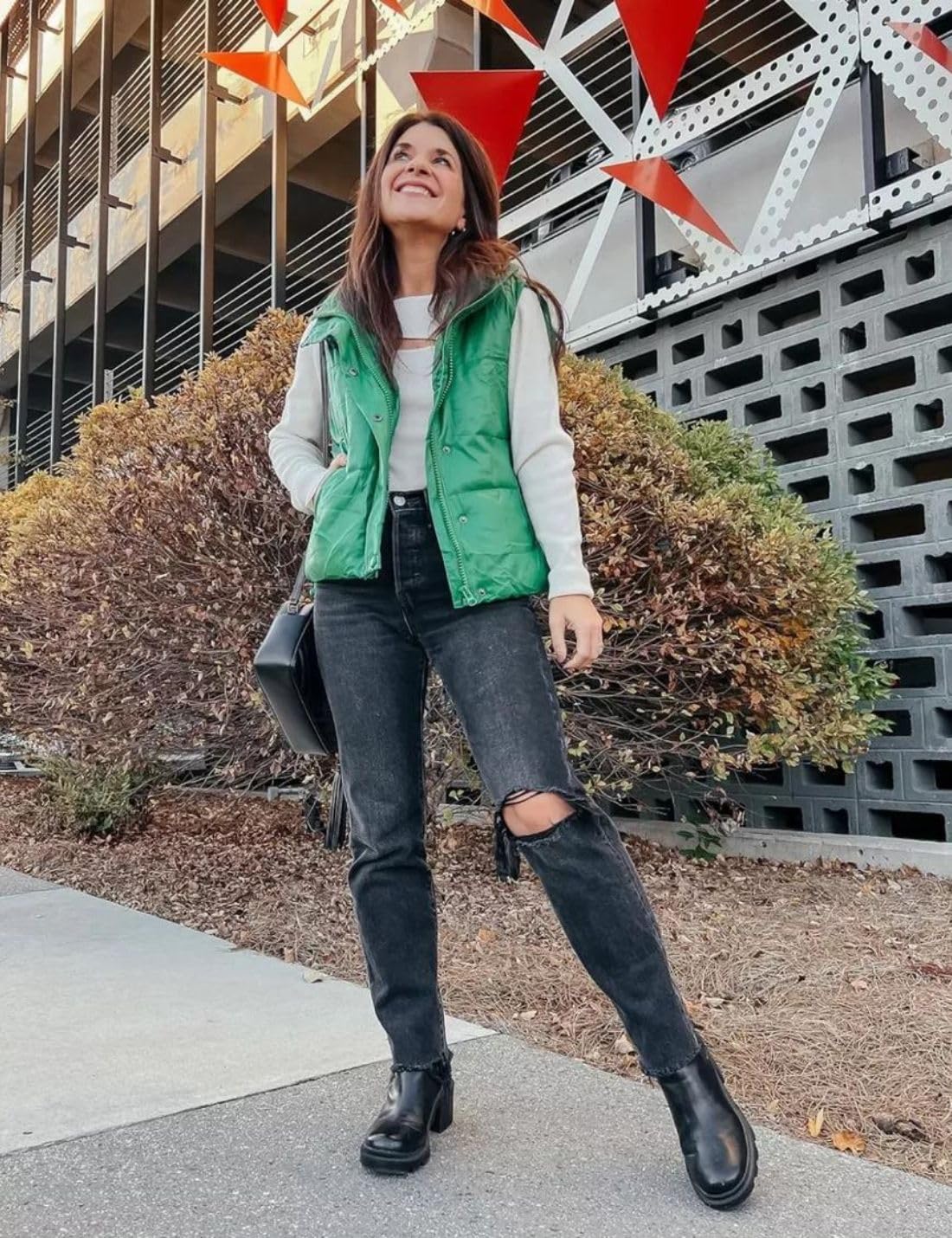 Ailoqing Womens Faux Leather Puffer Vest Zip Up Sleeveless Winter Cropped Jacket(Green-M)