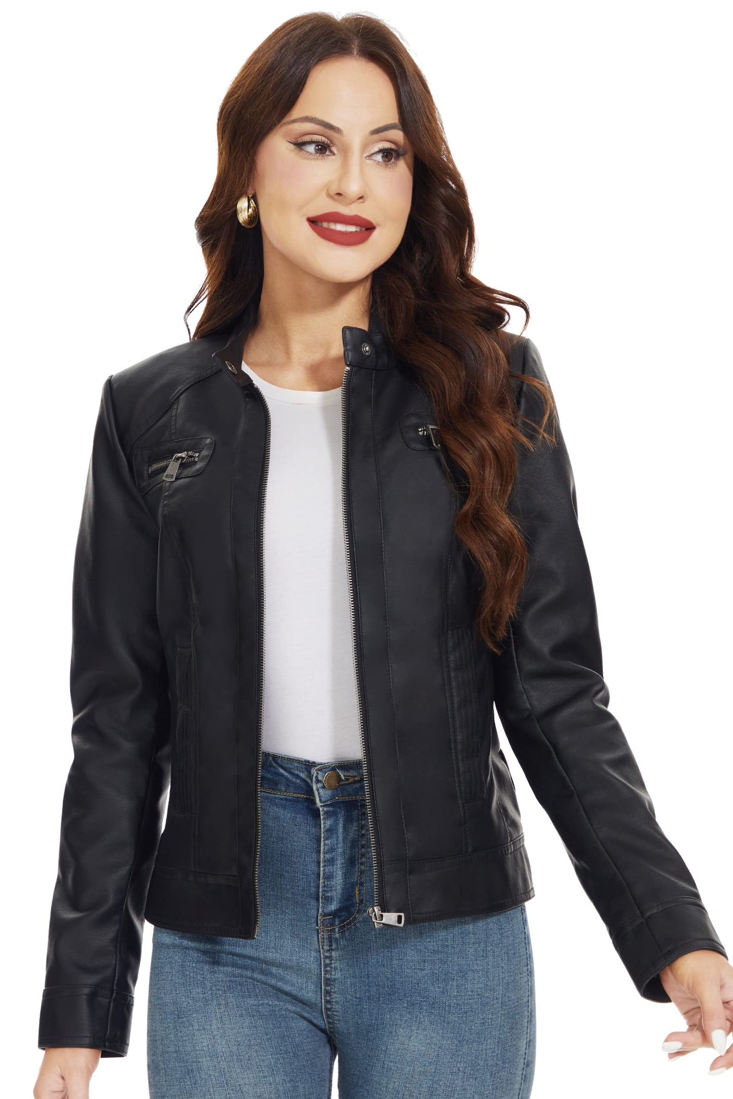 Fahsyee Women's Faux Leather Jackets, Zip Up Motorcycle Short PU Moto Biker Outwear Stand Collar Coat Size L Black