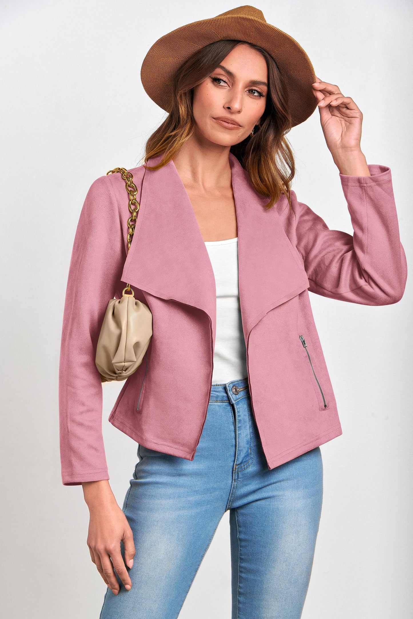 PRETTYGARDEN Fashion Fall Jackets For Women 2026 Open Front Faux Suede Leather Short Jacket Coats Outerwear (Pink,Large)