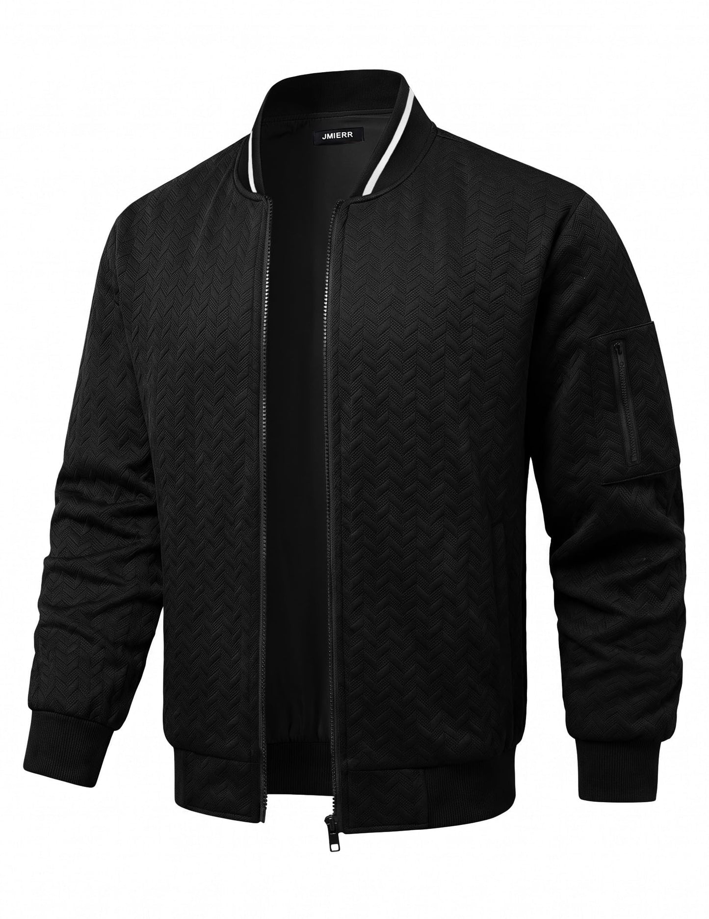 JMIERR Men's Textured Full Zip Bomber Jacket Multi Pockets,Black,M