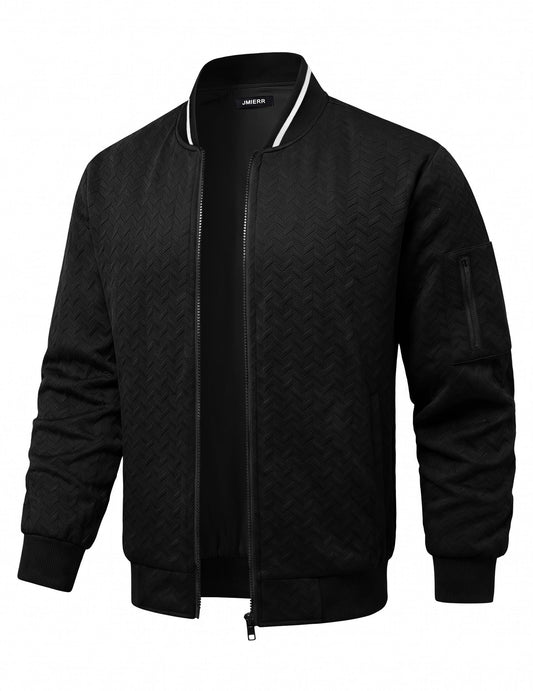 JMIERR Men's Textured Full Zip Bomber Jacket Multi Pockets,Black,M