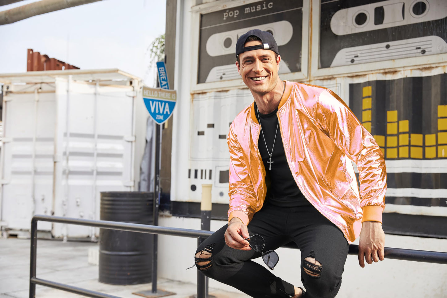 COOFANDY Men's Metallic Jacket 70s Disco Dance Party Costume Shiny Varsity Zipper Baseball Bomber Jacket,Orange,L