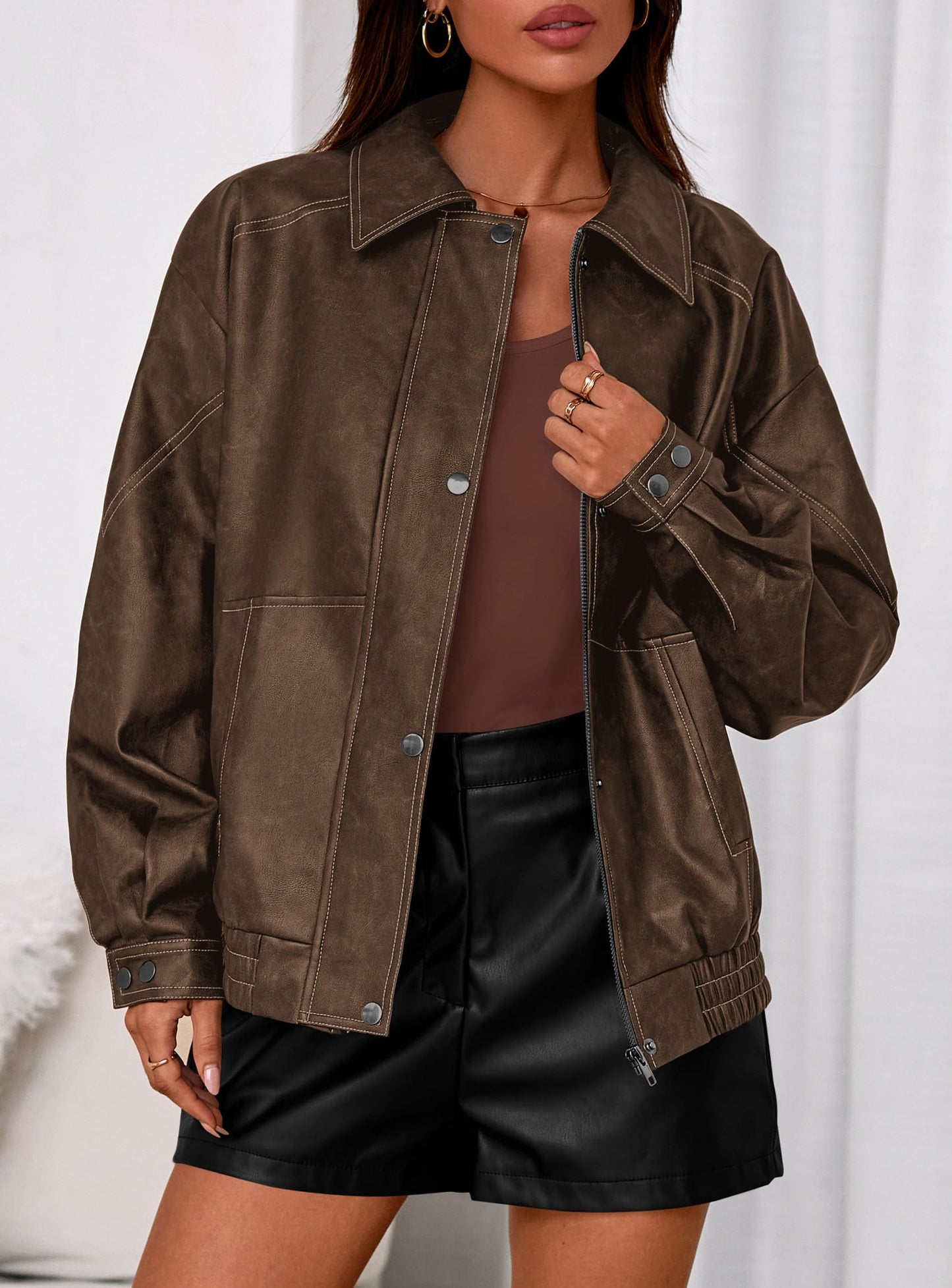 PRETTYGARDEN Faux Leather Jacket Women Bomber Motorcycle Zip Up Jackets Oversized Fall Fashion Outfits 2026 Winter Coats (Brown,Medium)