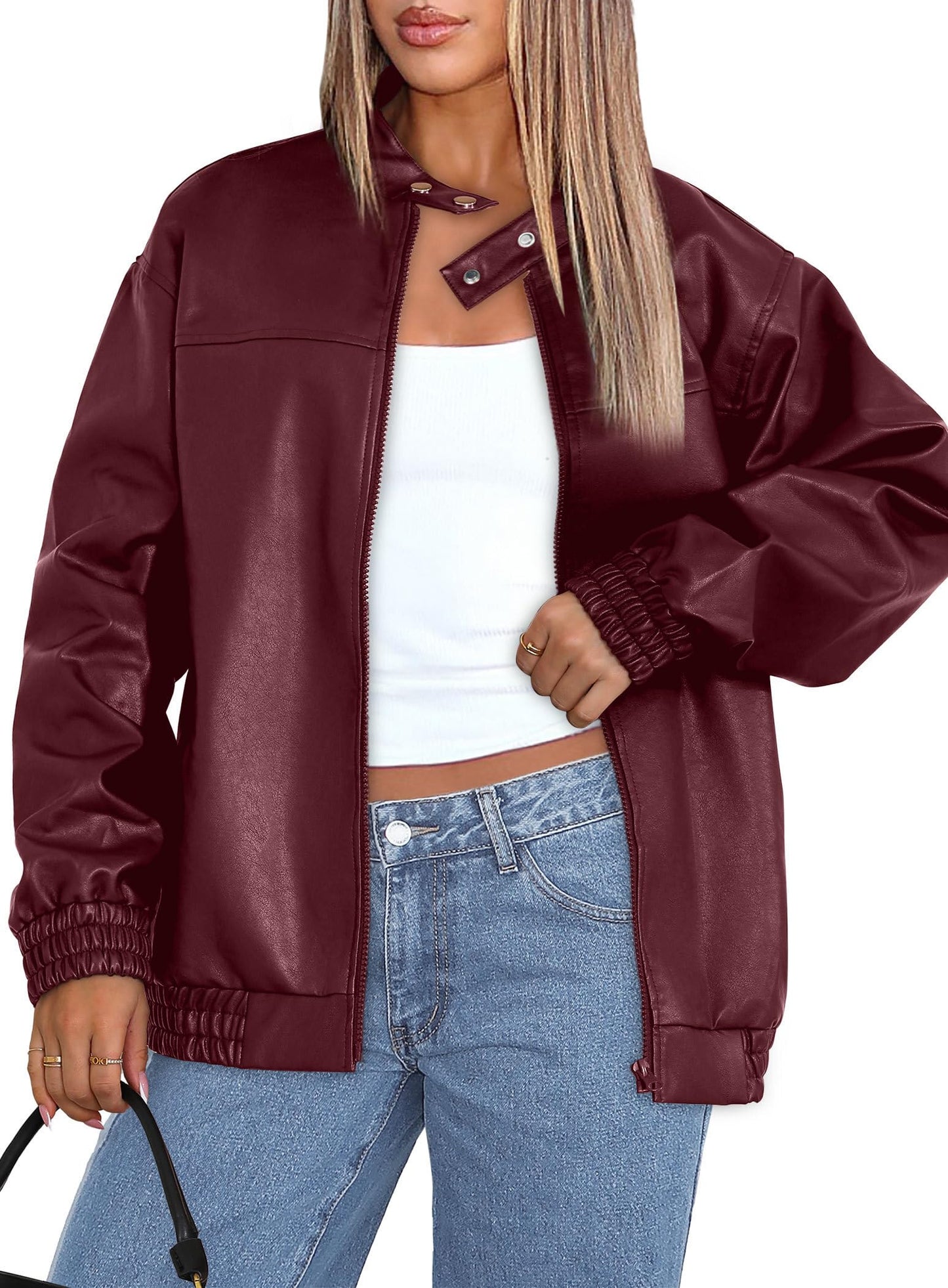 Sampeel Leather Jacket Women Faux Oversized Motorcycle Bomber Coats 2025 Fall Fashion Outfits Winter Clothes Trendy Cute Red M
