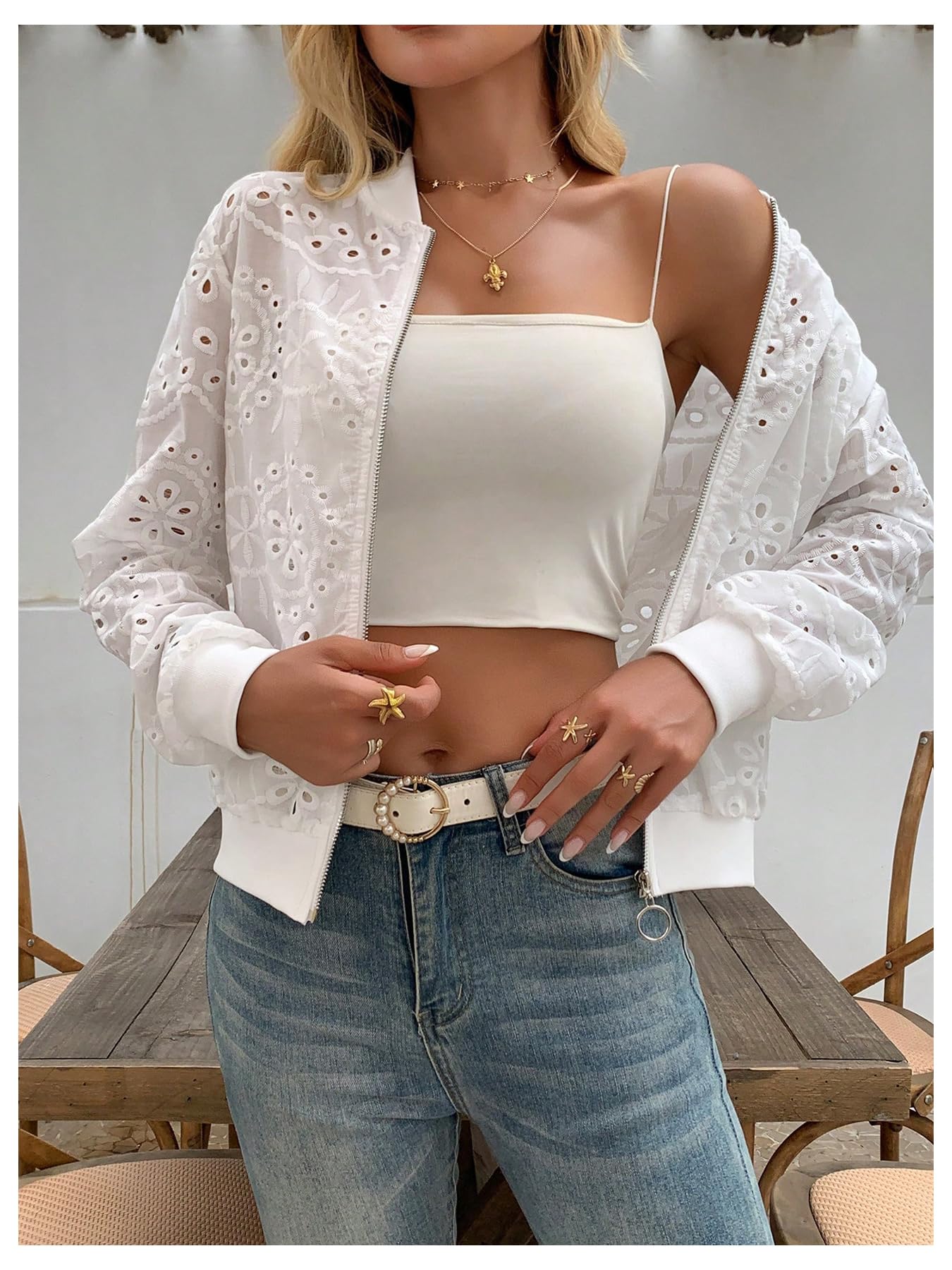 WDIRARA Women's Eyelet Embroidery Bomber Jacket Zip Up Long Sleeve Coat