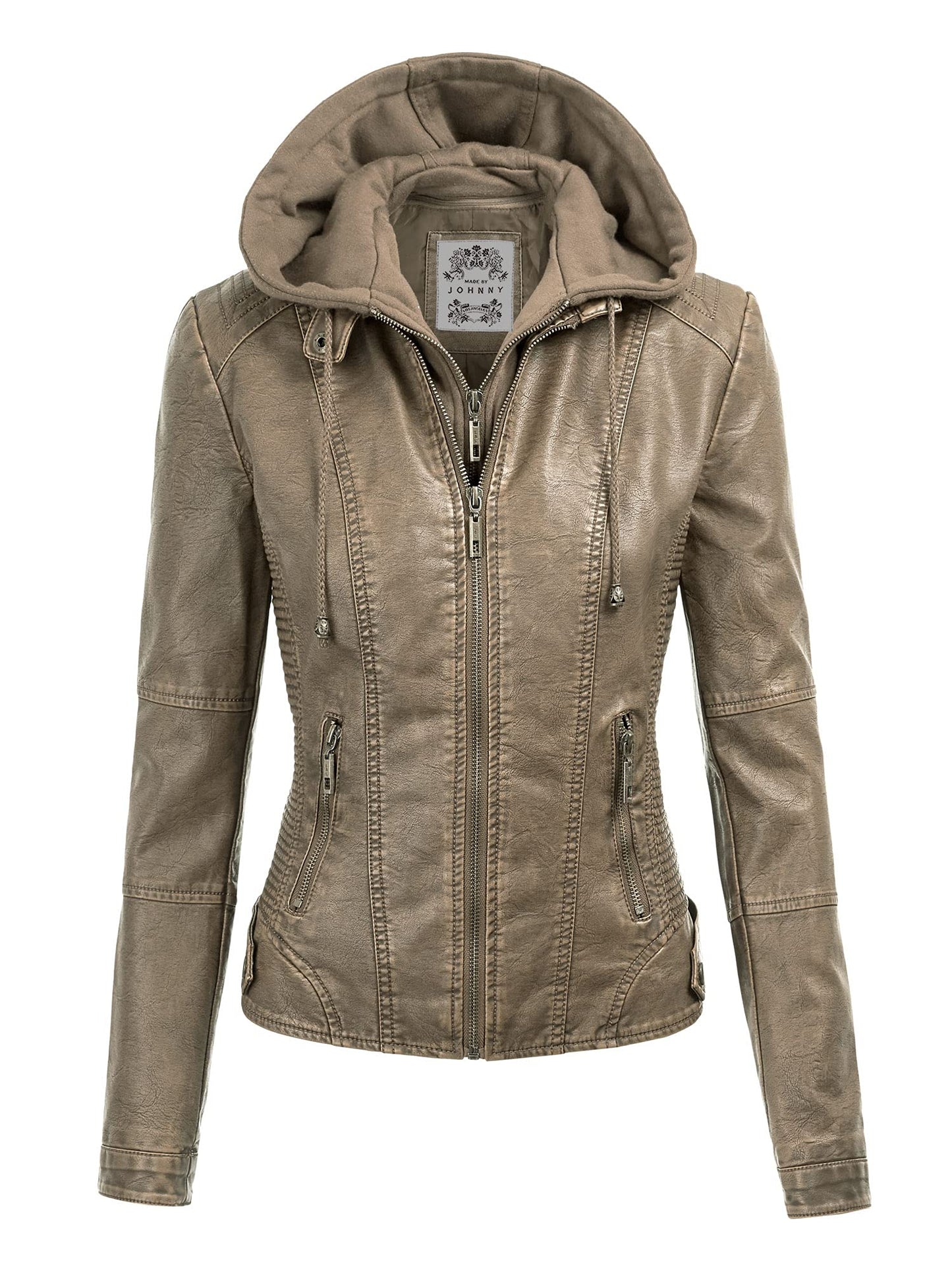 Made By Johnny MBJ Womens Faux Leather Quilted Motorcycle Jacket with Hoodie L Khaki