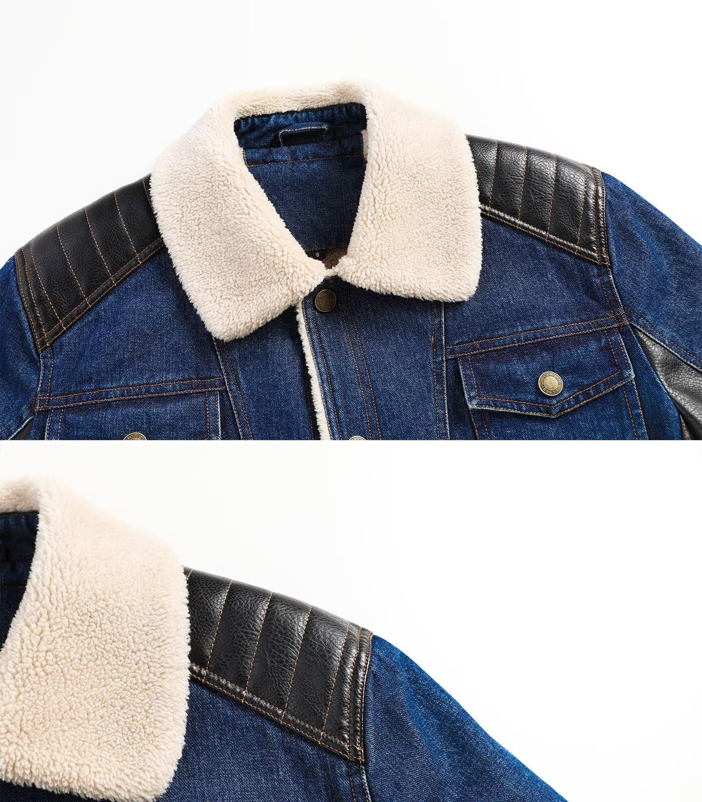 INVACHI Men's Denim Jaceket Vintage Fleece Lined Lapel Trucker Jacket with Leather Patchwork