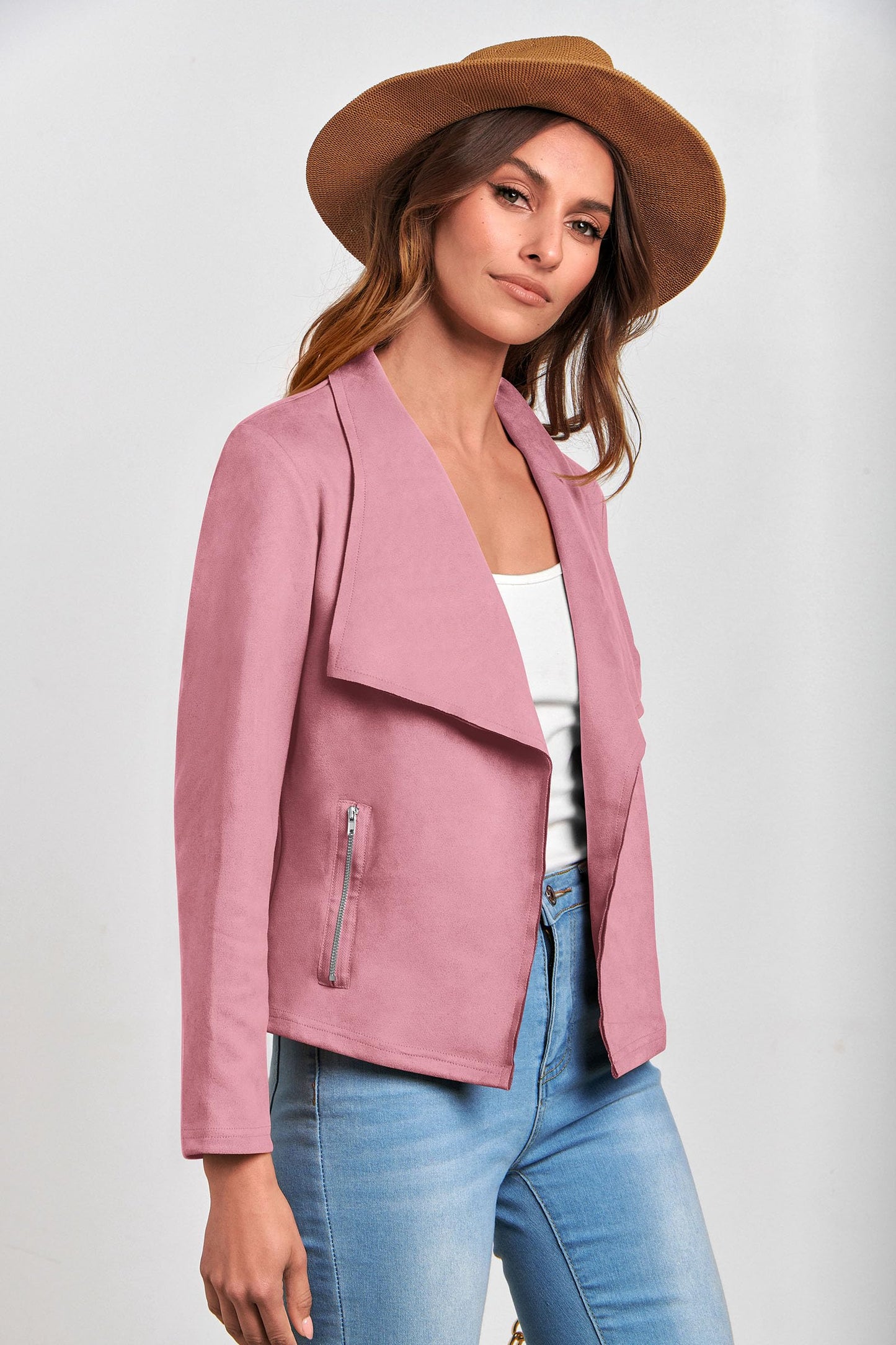 PRETTYGARDEN Fashion Fall Jackets For Women 2026 Open Front Faux Suede Leather Short Jacket Coats Outerwear (Pink,Large)
