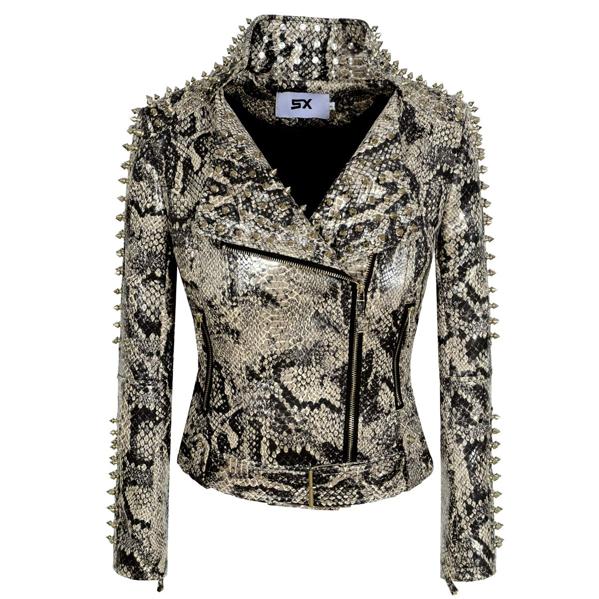 SX Women Punk Faux Leather PU Black Jacket Studded Rivet Fashion Streetwear Motorcycle Coat (XL, SnakeSkinColor)