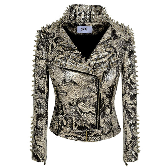 SX Women Punk Faux Leather PU Black Jacket Studded Rivet Fashion Streetwear Motorcycle Coat (XL, SnakeSkinColor)
